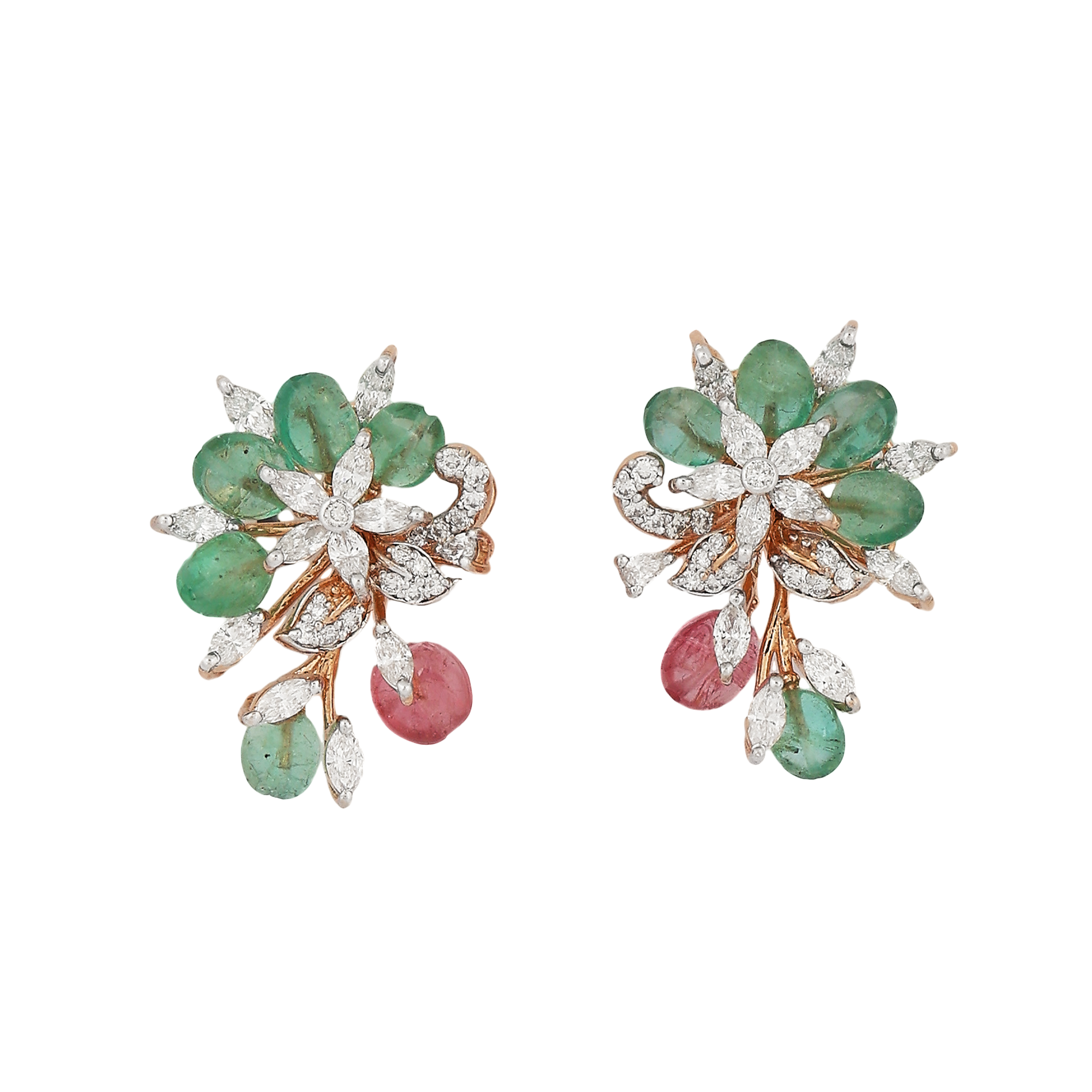 Earring in 14kt rose gold with Round Brilliant cut diamonds and marquise and Pear shape diamonds with trumlin and precious emerald.