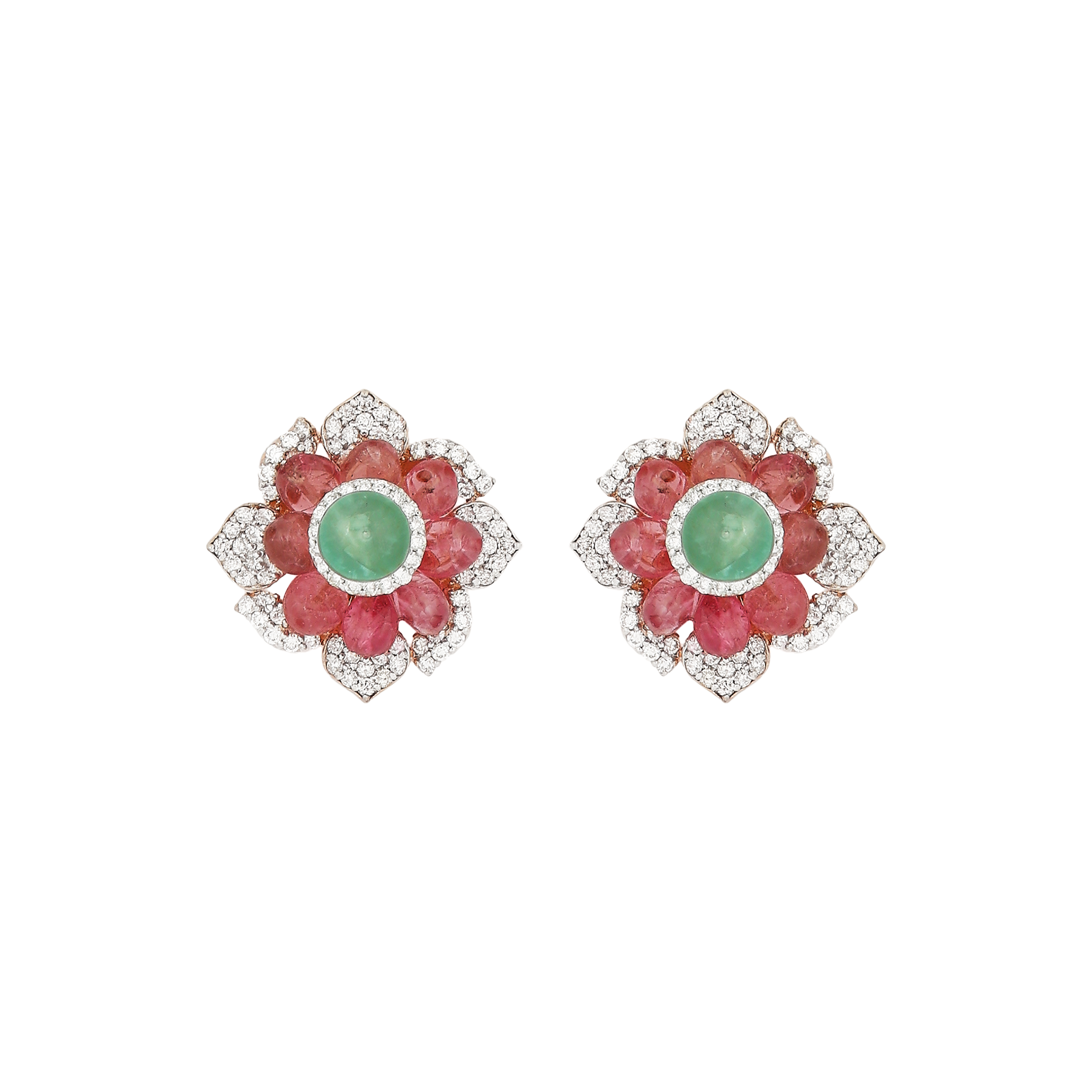 Earring in 14kt rose gold with Round Brilliant cut diamonds with trumlin and precious emerald.
