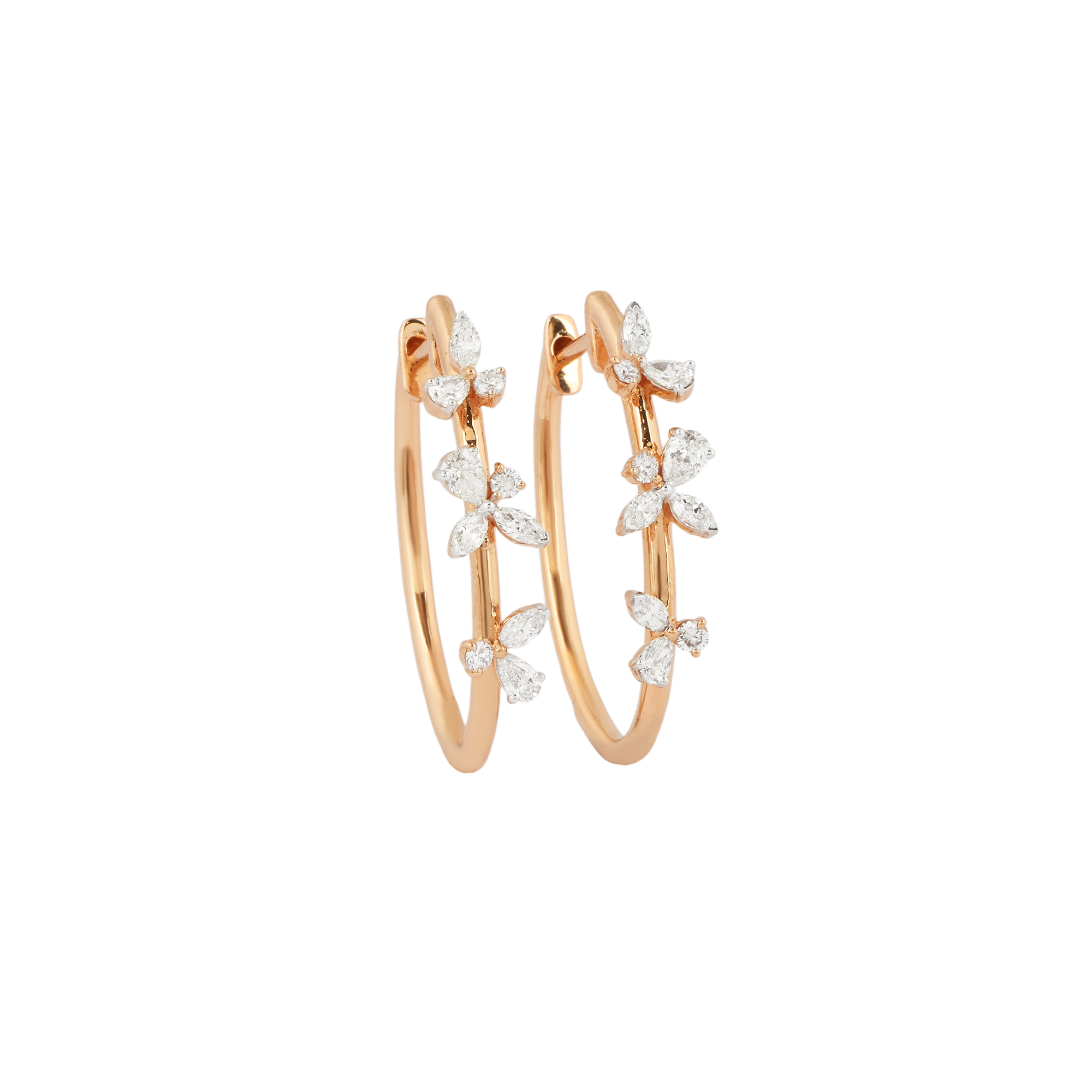 Earring in 18kt rose gold with marquise, pear and brilliant round diamonds.