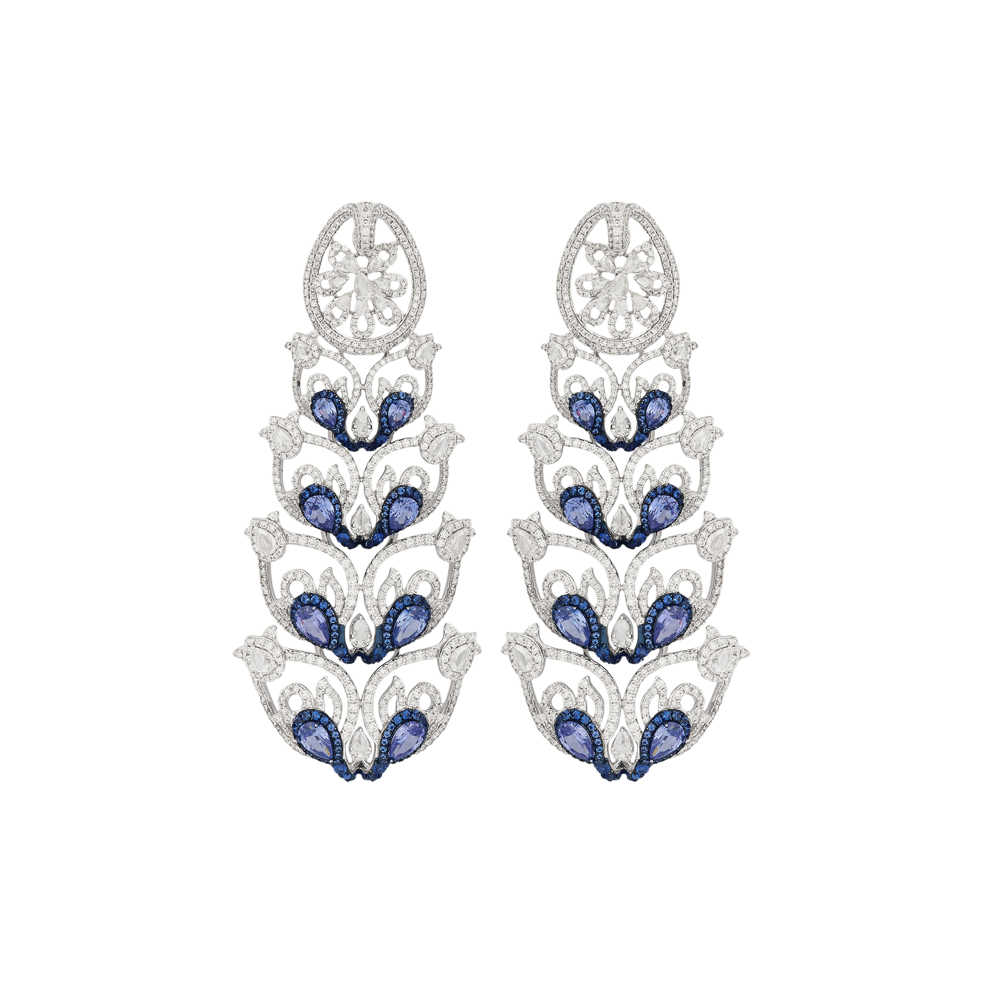 Earring in 14kt white gold with brilliant round and rose cut diamonds with semi precious sapphire..