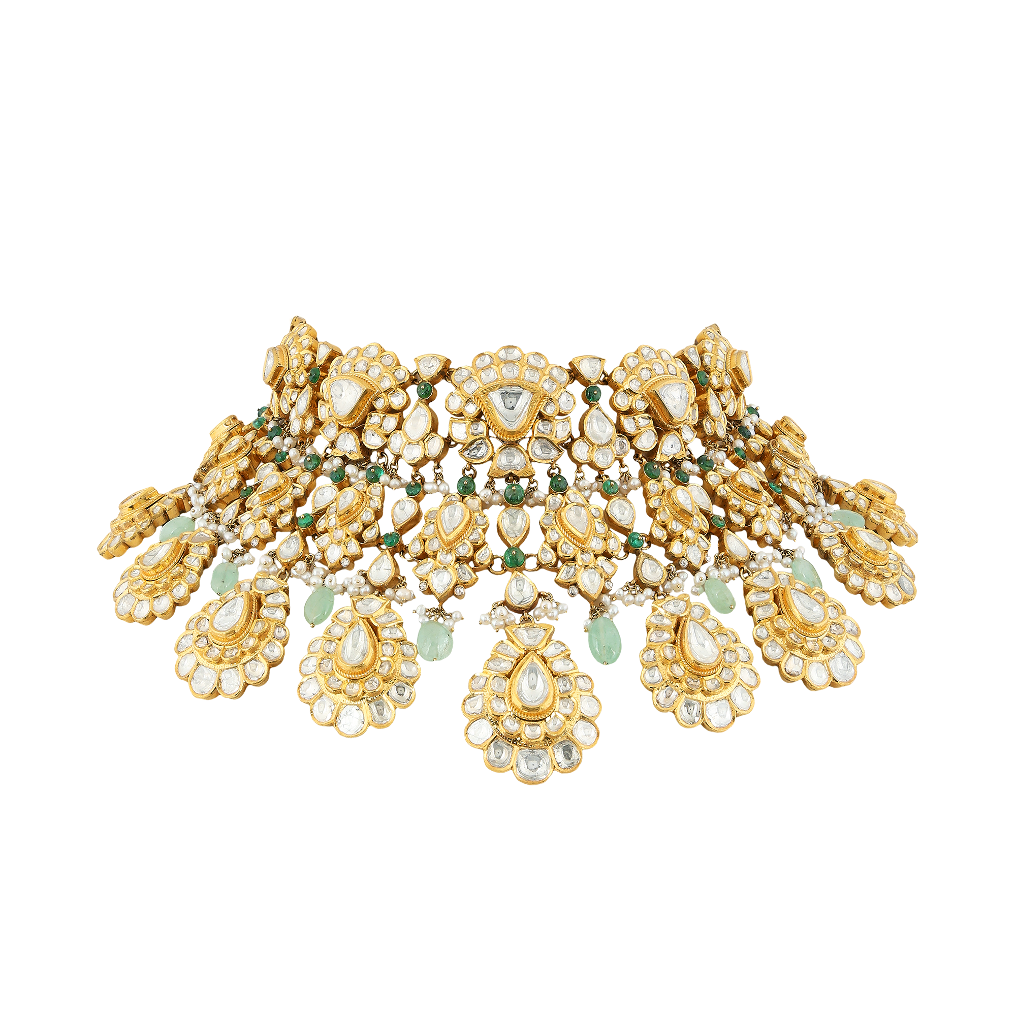 Necklace in 18kt yellow gold with polki and rose cut diamond, with precious emeralds & pearls.