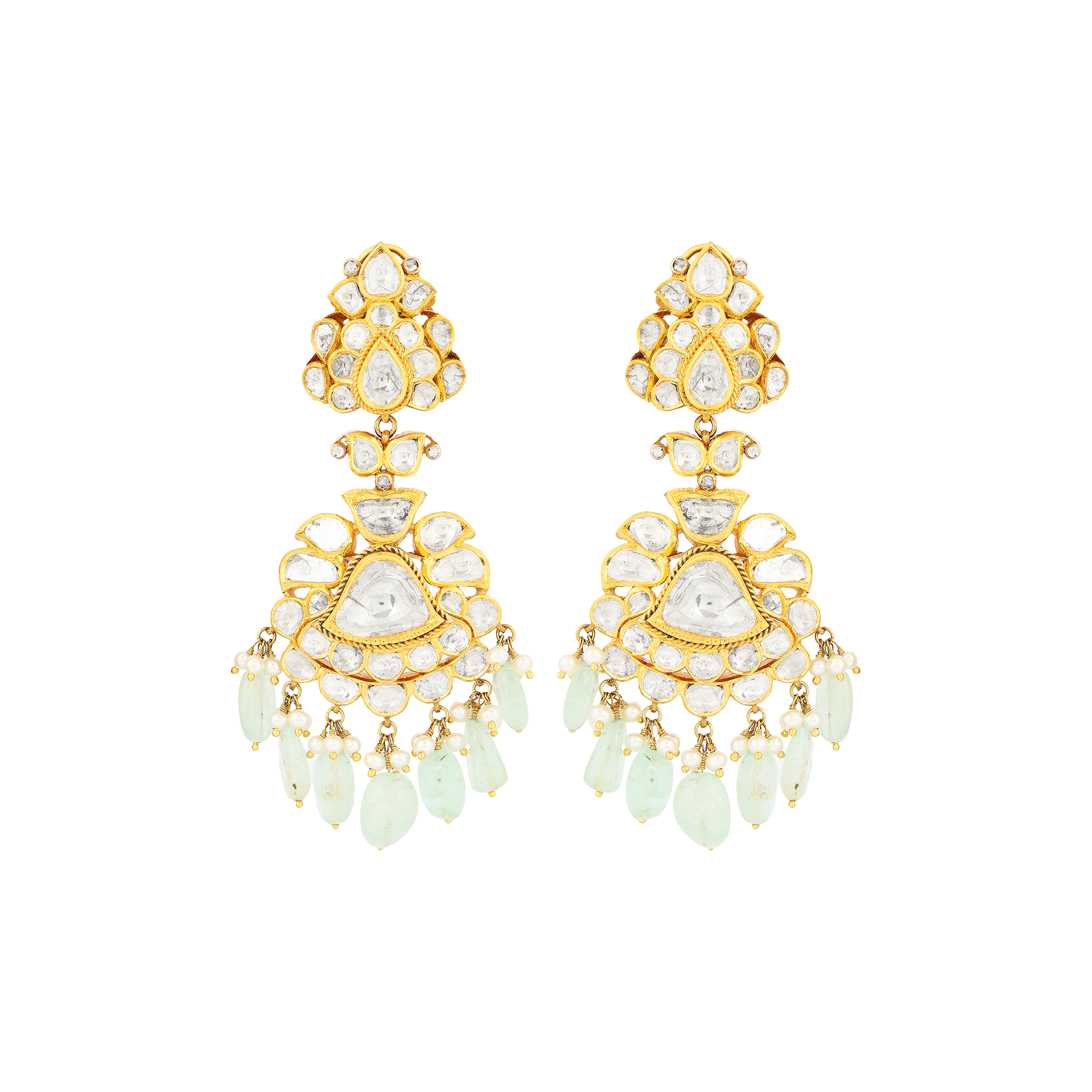 Earrings in 18kt yellow gold with polki and rose cut diamond, with precious emeralds & pearls.