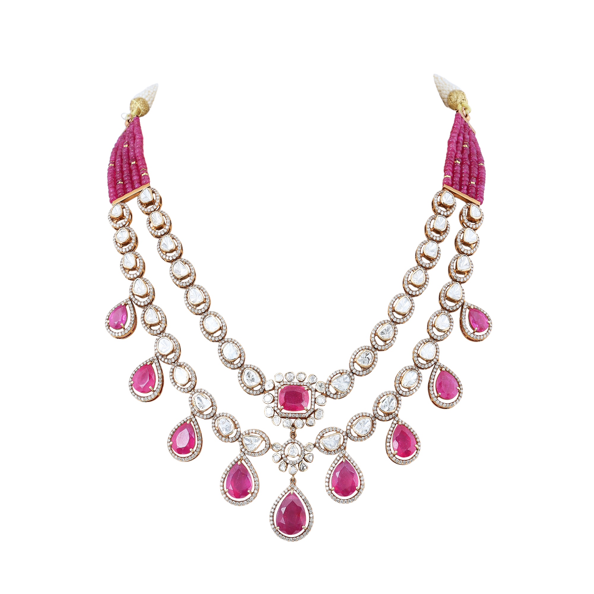 Necklace in 14kt yellow gold with polki and brilliant round cut diamonds with precious ruby.