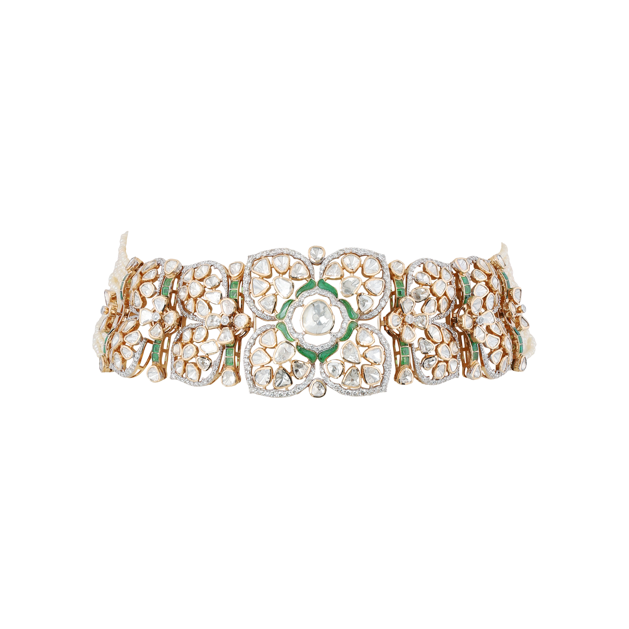 Necklace in 14kt yellow gold with polki and brilliant round cut diamonds with semi precious emerald.