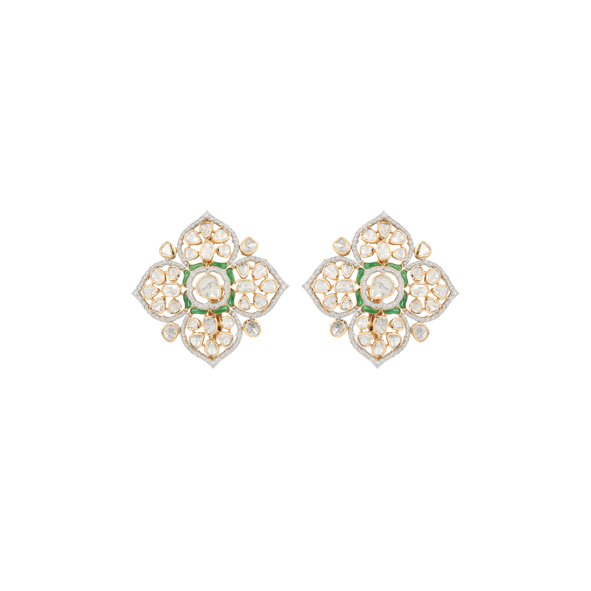 Earrings in 14kt yellow gold with polki and brilliant round cut diamonds with semi precious emerald.