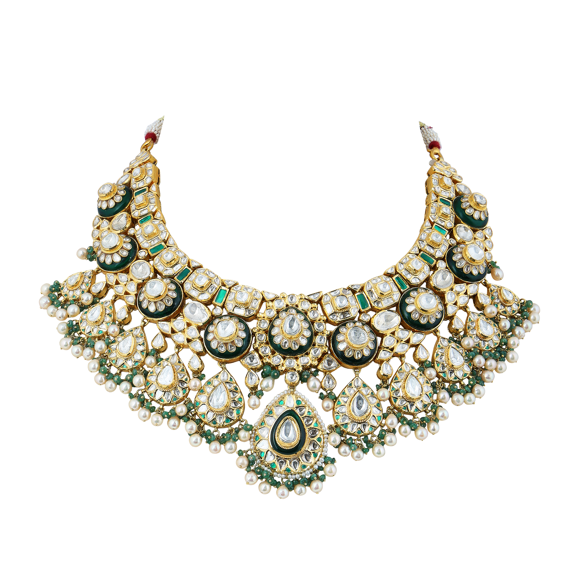 Necklace set in 18kt yellow gold with polki diamonds with a precious emerald and pearls.