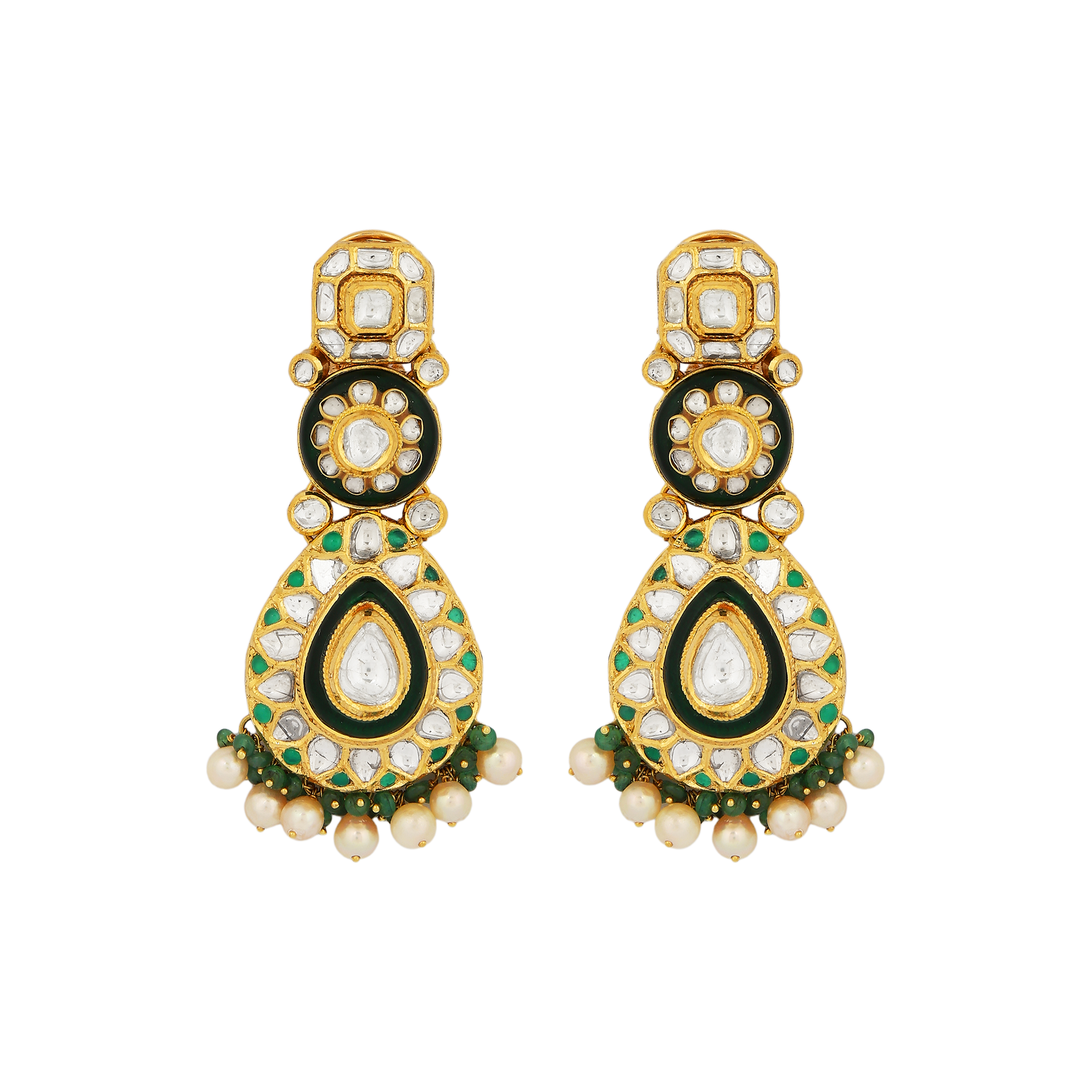 Earrings in 18kt yellow gold with polki diamonds with a precious emerald and pearls.