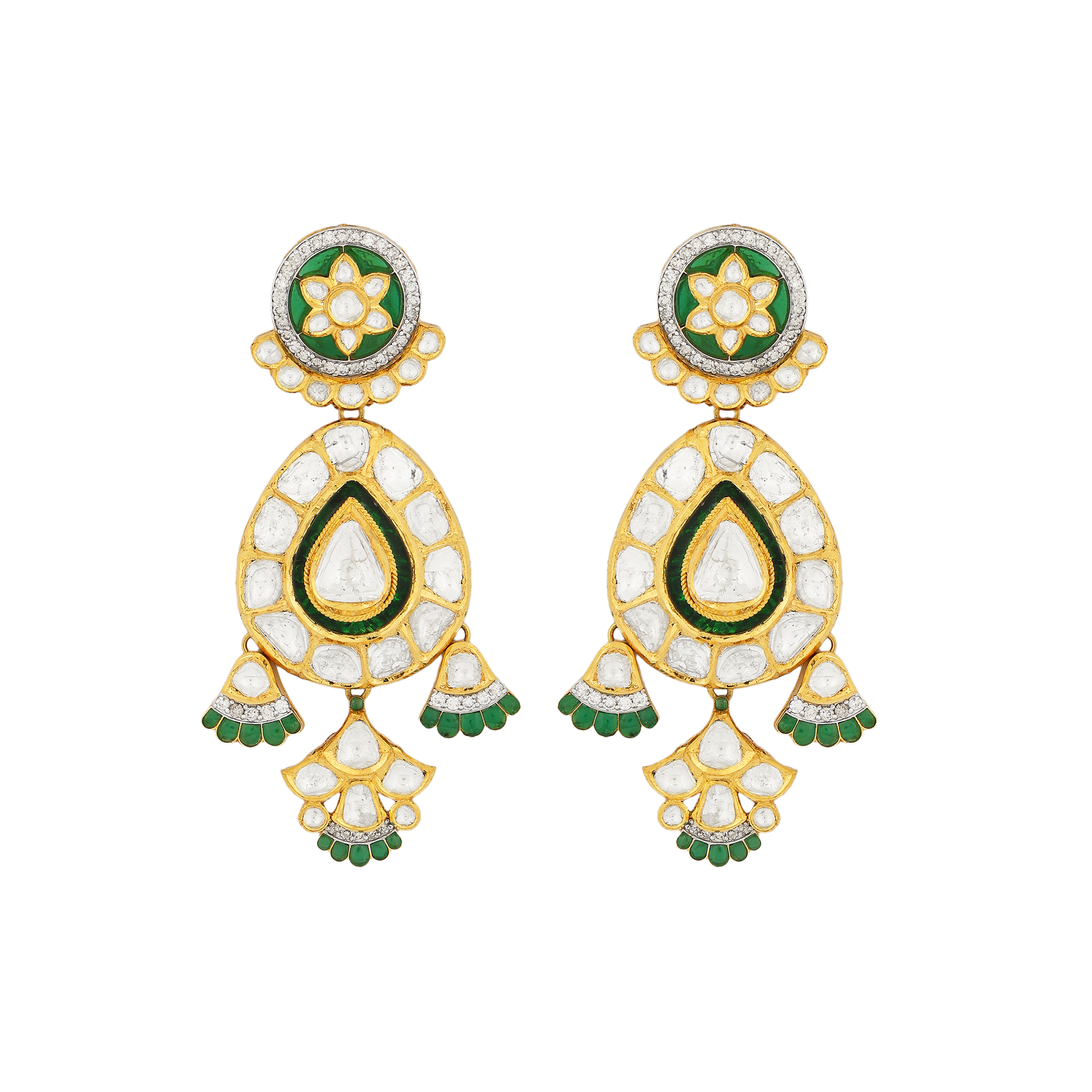 Earrings in 18kt yellow gold with polki diamonds with a precious emerald.