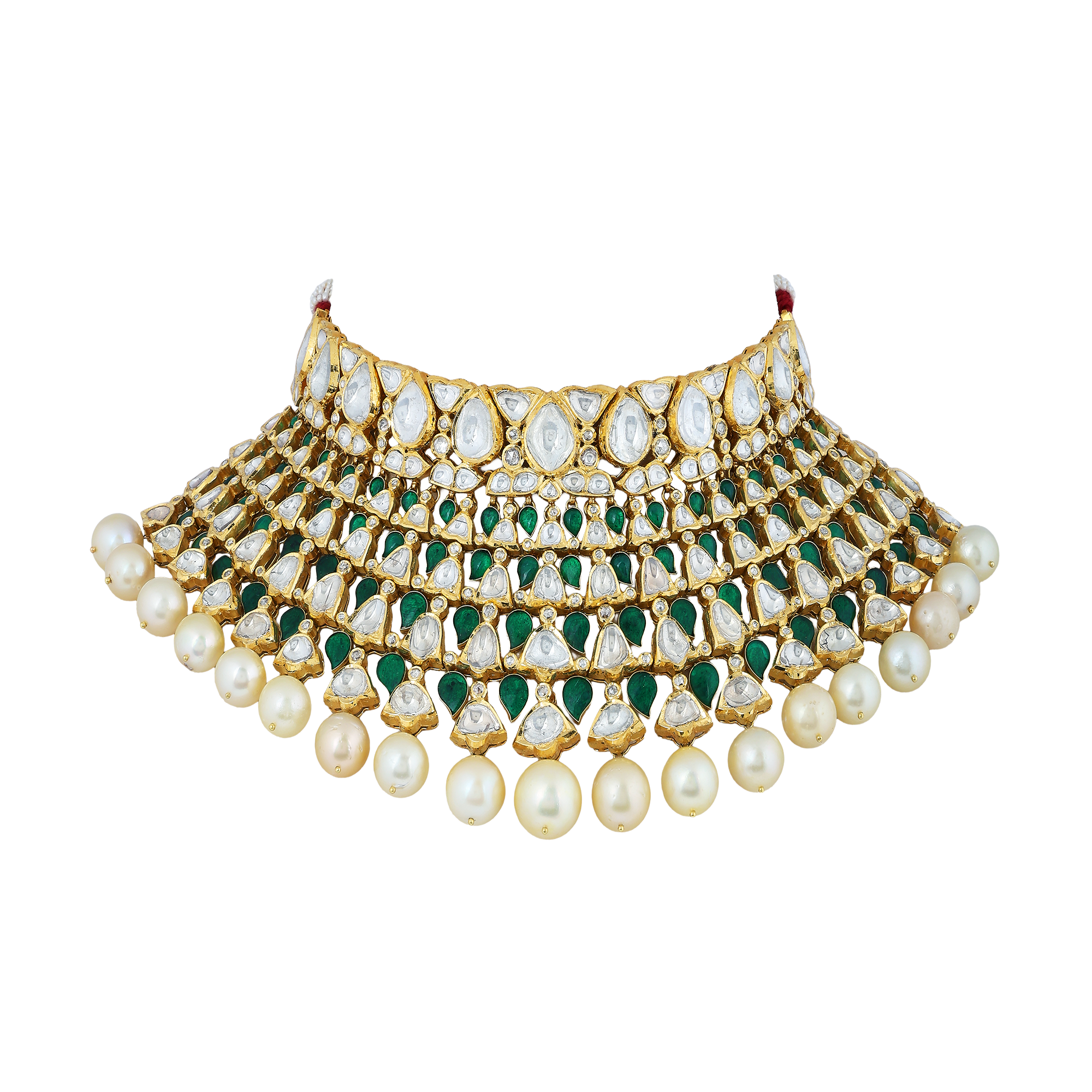 Necklace set in 18kt yellow gold with polki  and rose cut diamond, with precious emeralds & pearls.