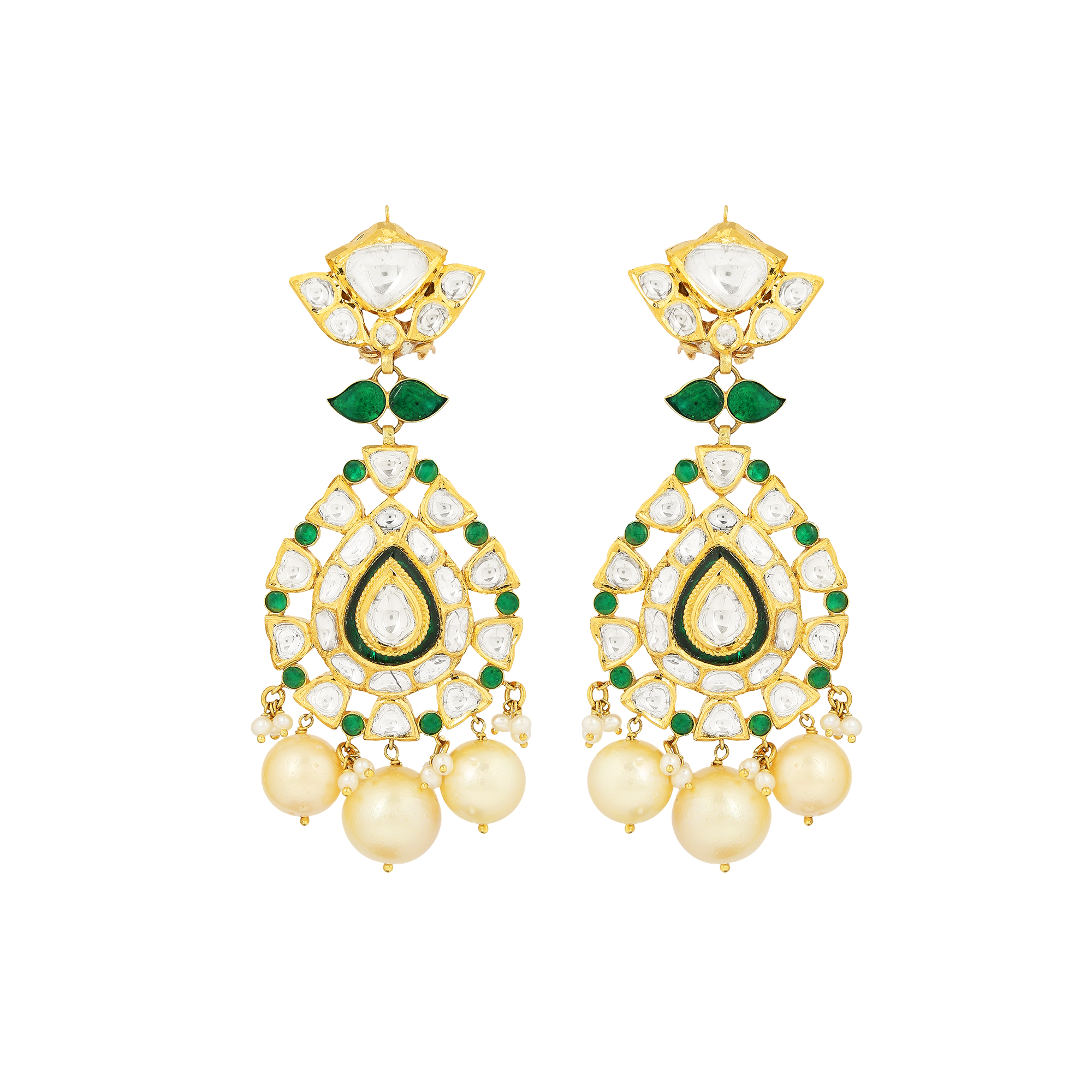 Earrings in 18kt yellow gold with polki  and rose cut diamond, with precious emeralds & pearls.