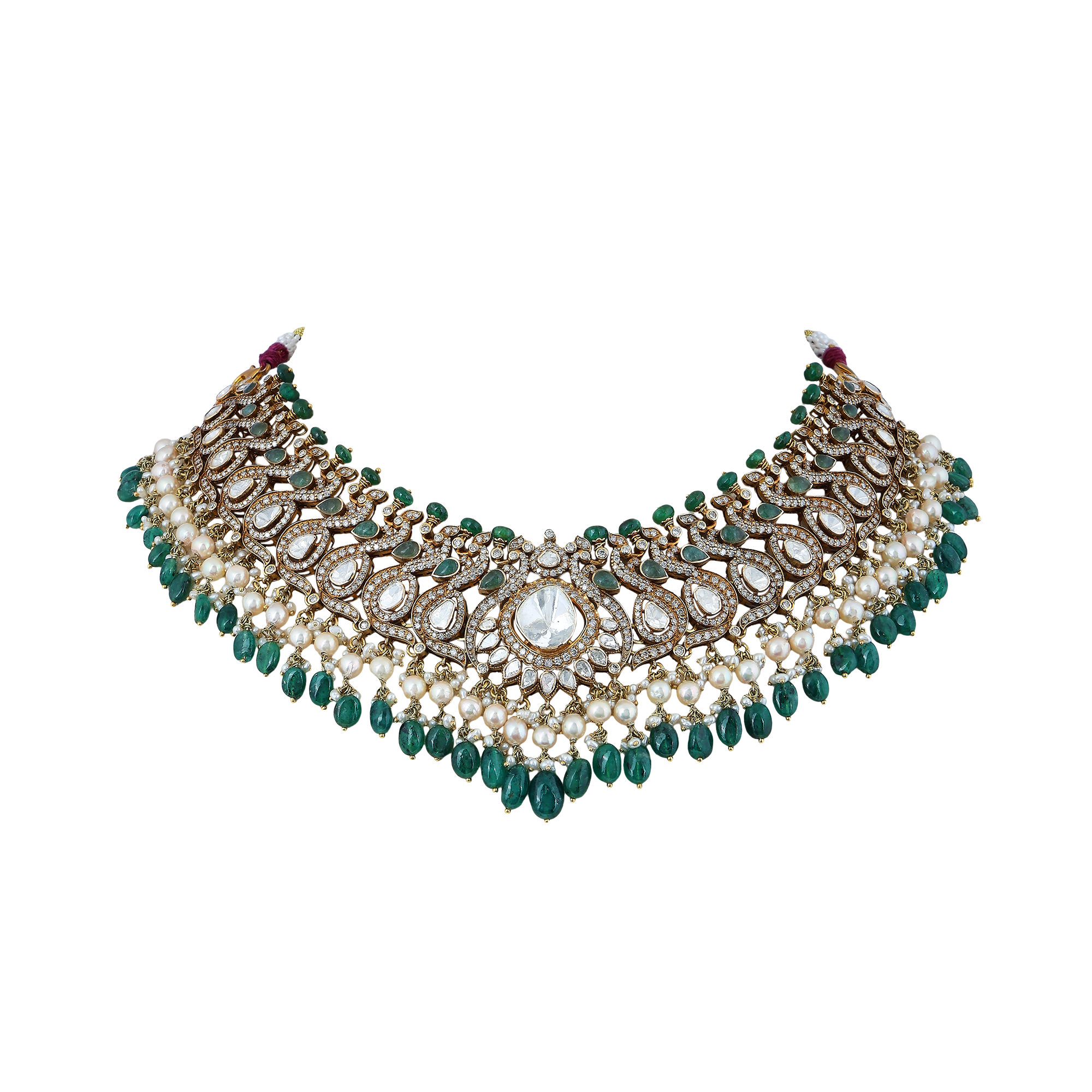 Necklace set in 14kt yellow gold with polki and brilliant round cut diamonds with a precious emerald and pearls.