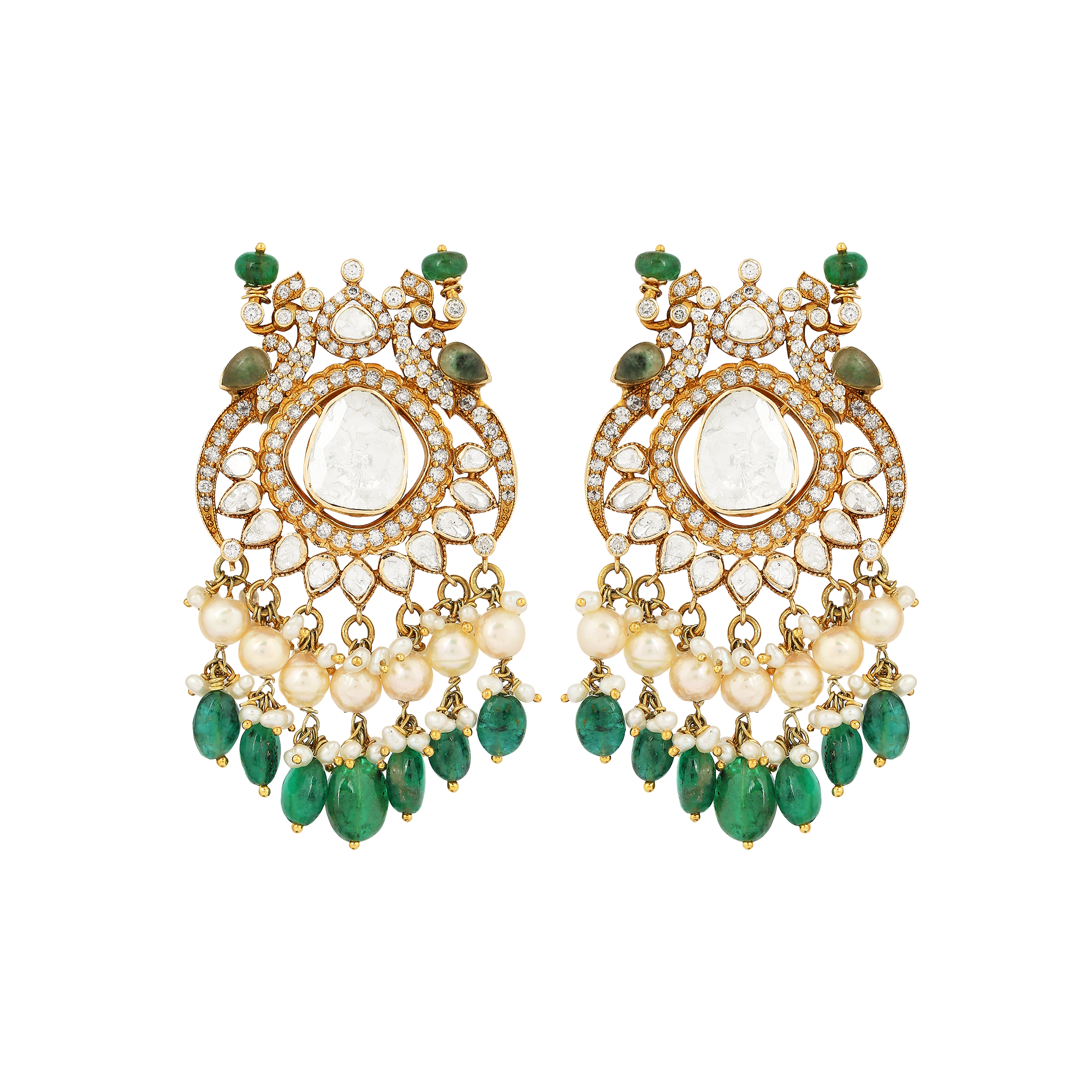 Earrings in 14kt yellow gold with polki and brilliant round cut diamonds with a precious emerald and pearls.