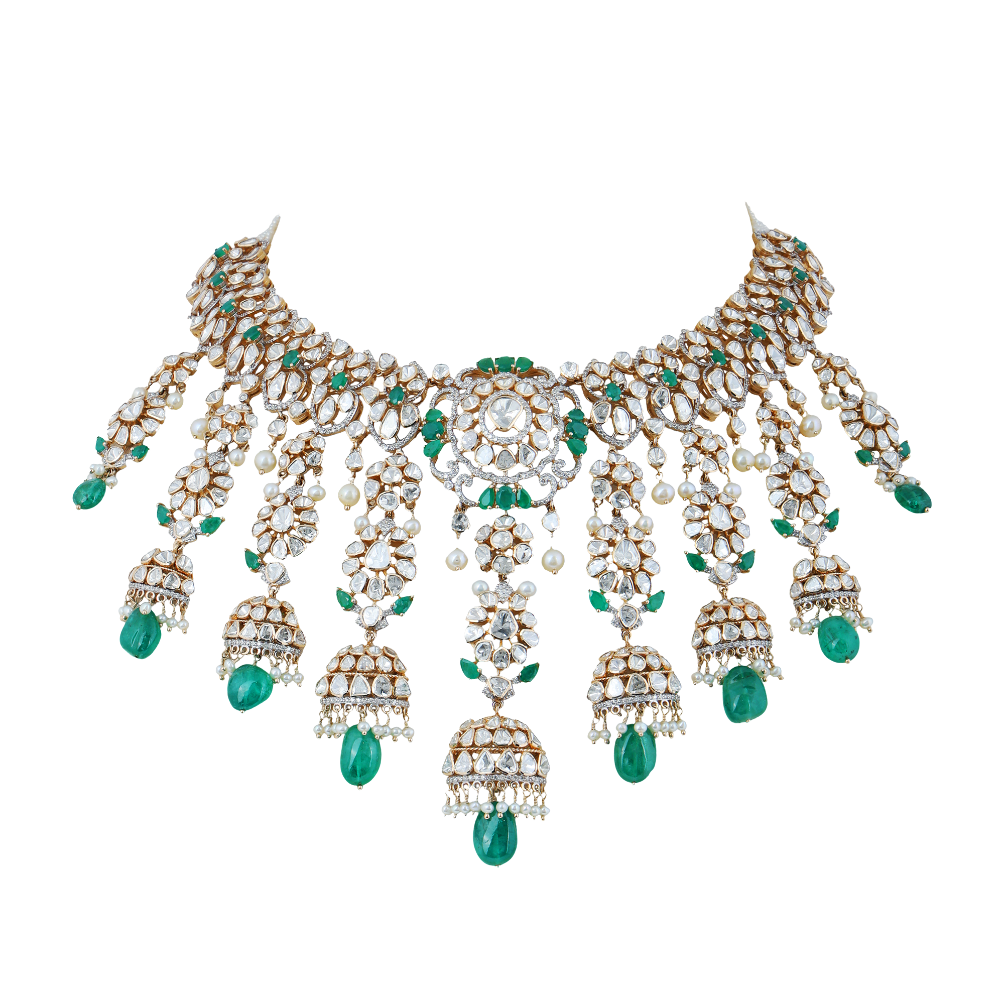 Necklace in 14kt yellow gold with polki and brilliant round cut diamonds with a precious emerald and pearls.