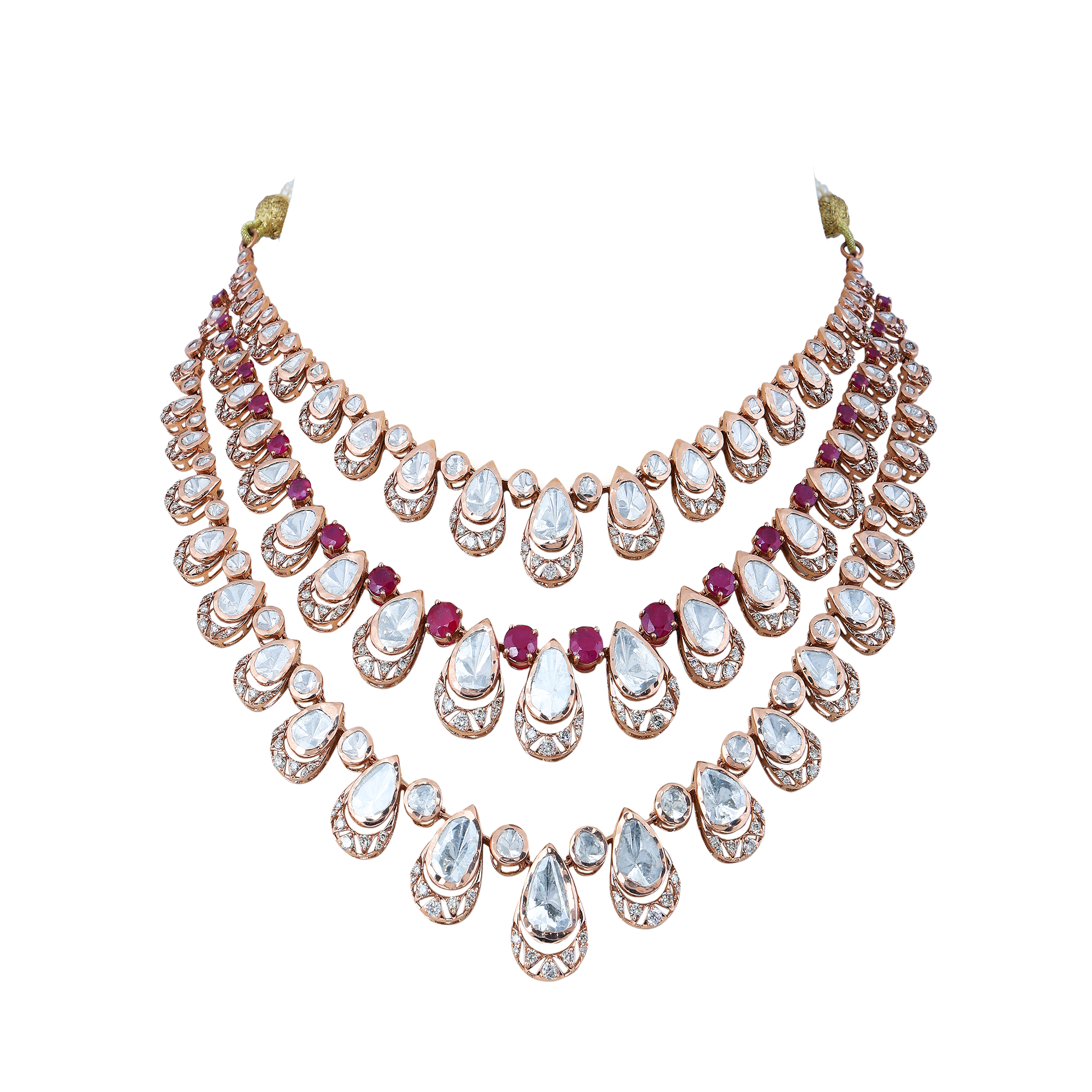 Necklace Set in 14kt rose gold with polki and brilliant round cut diamonds with a  precious ruby.