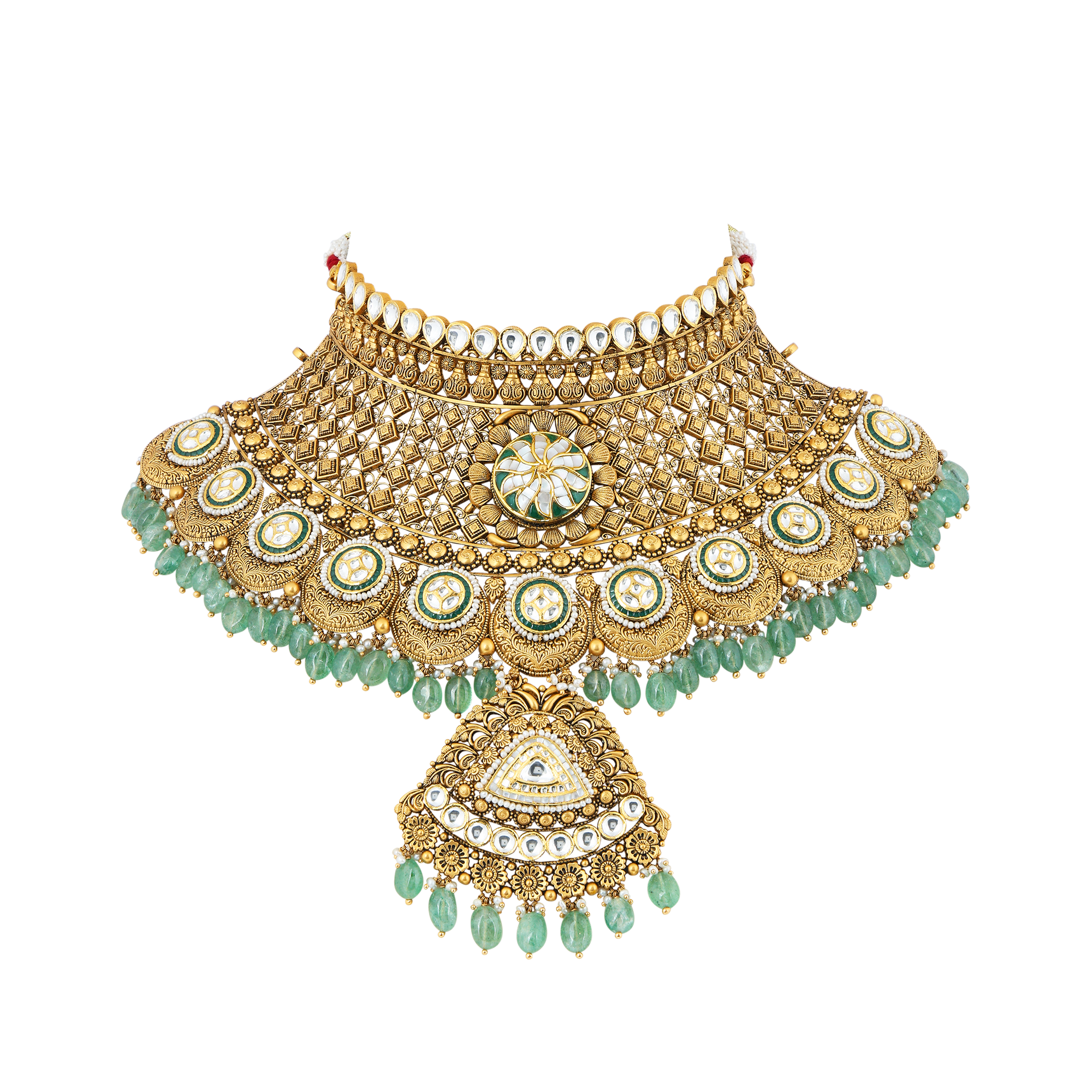 Necklace Set in 22kt Antique gold with kundan and Emerald.
