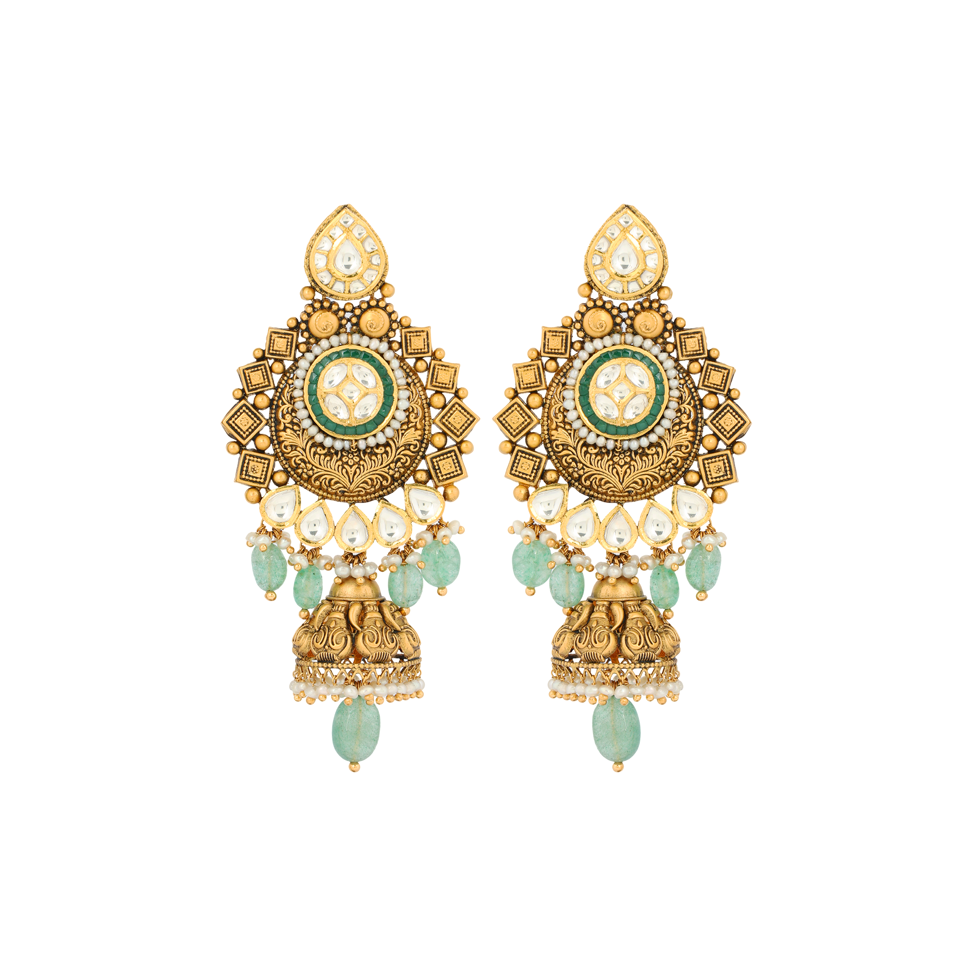 Earrings in 22kt Antique gold with kundan and Emerald.