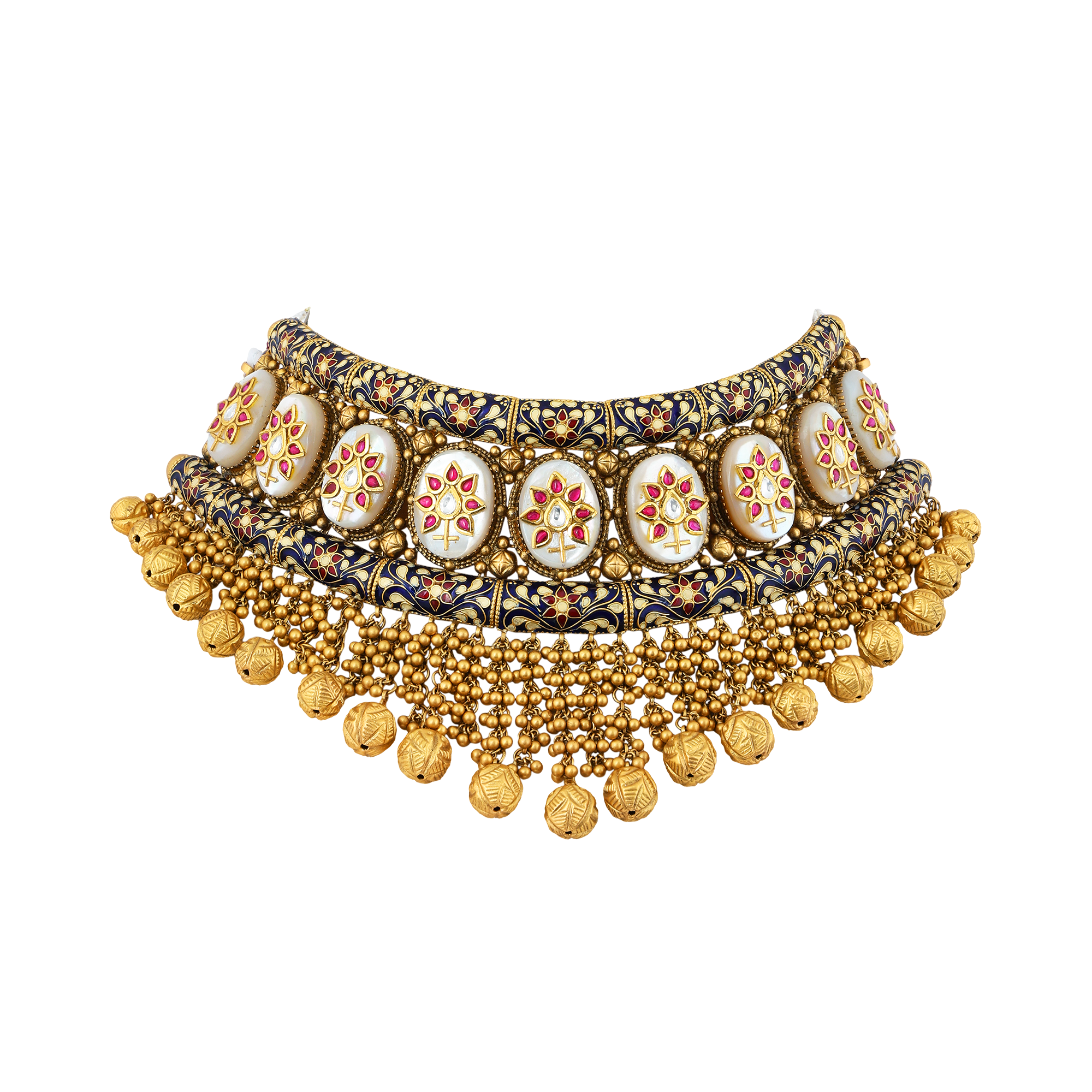 Necklace in 22kt Antique gold, choker, Enamel with mother of pearl.