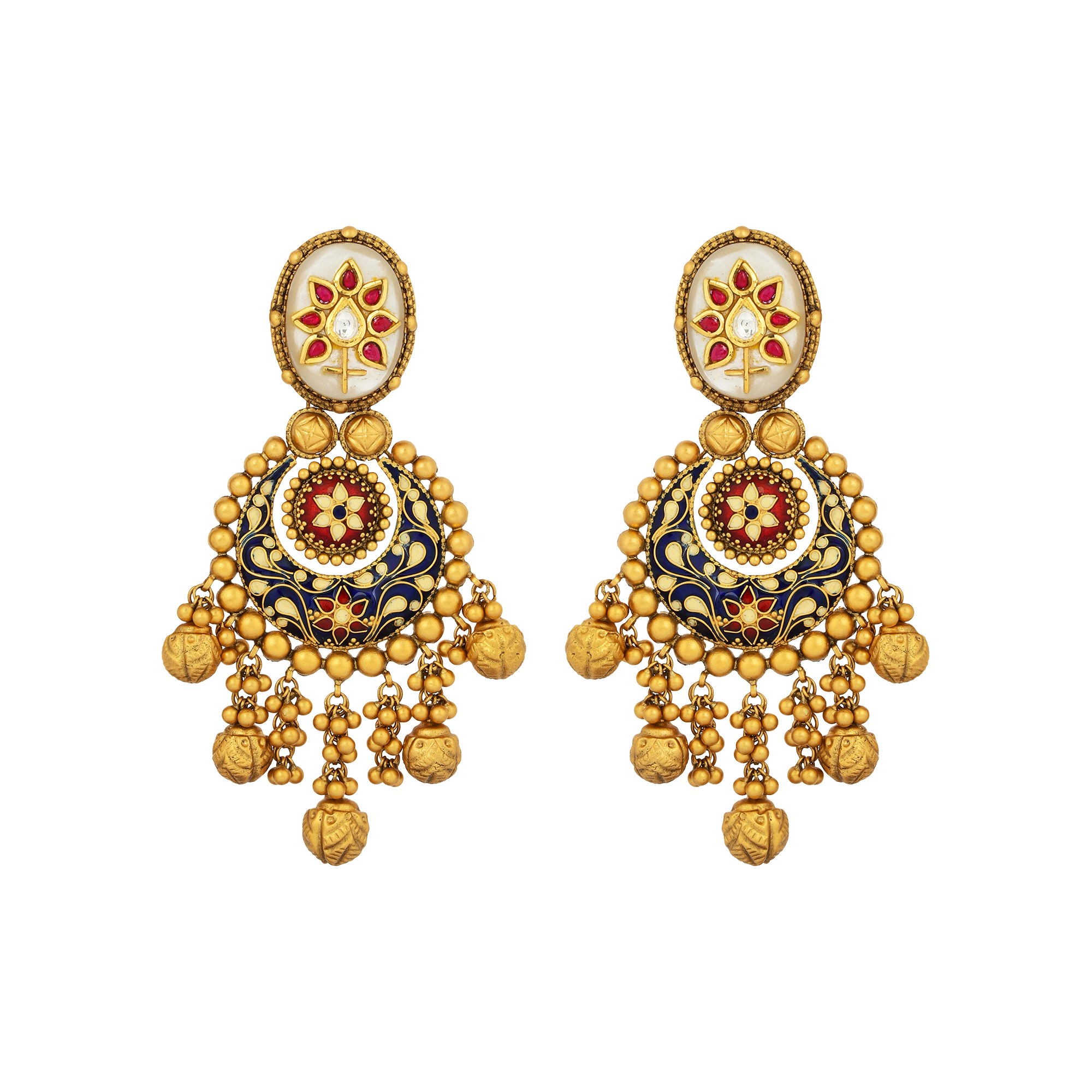Earrings in 22kt Antique gold, choker, Enamel with mother of pearl.