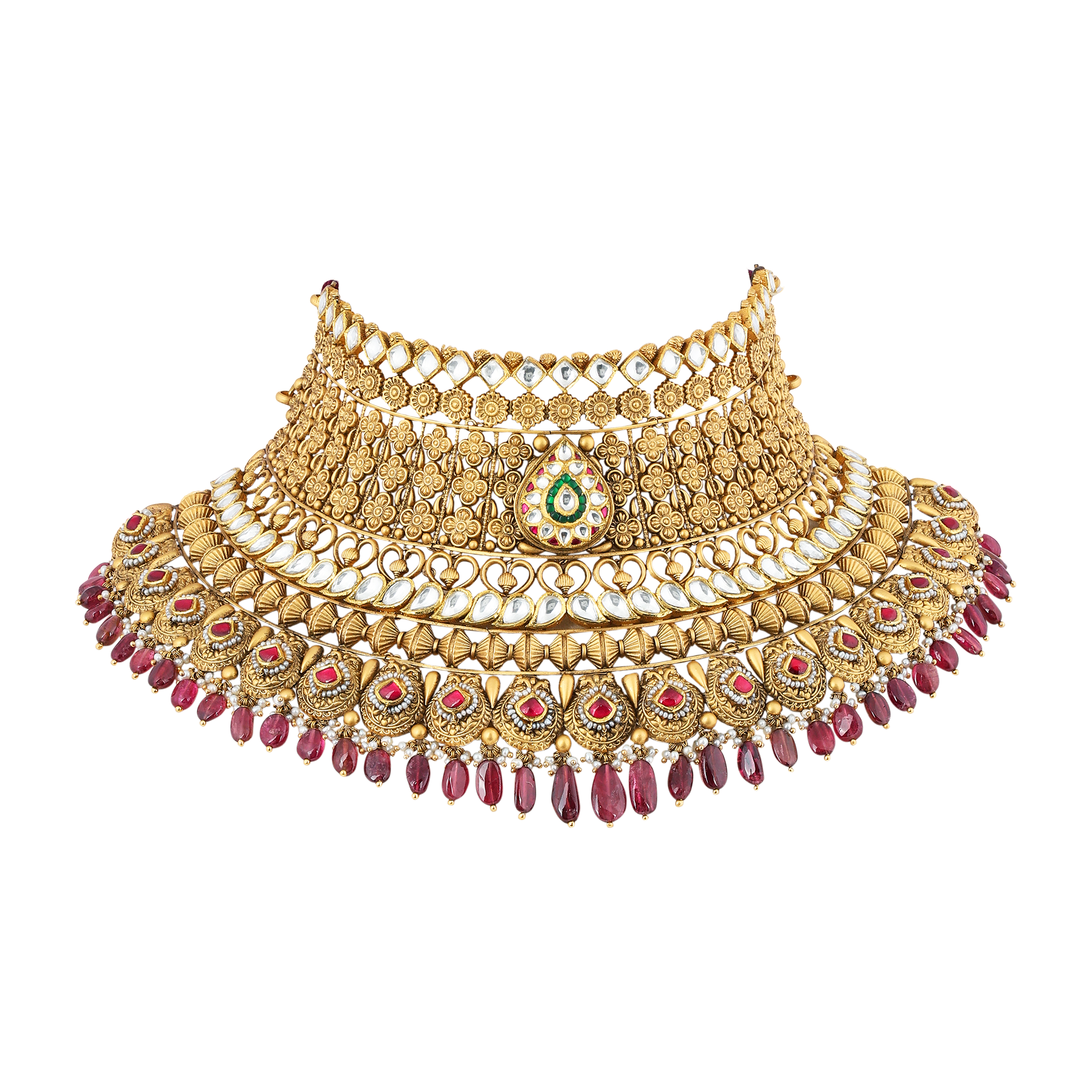 Necklace Set in 22kt Antique gold with kundan and Ruby.