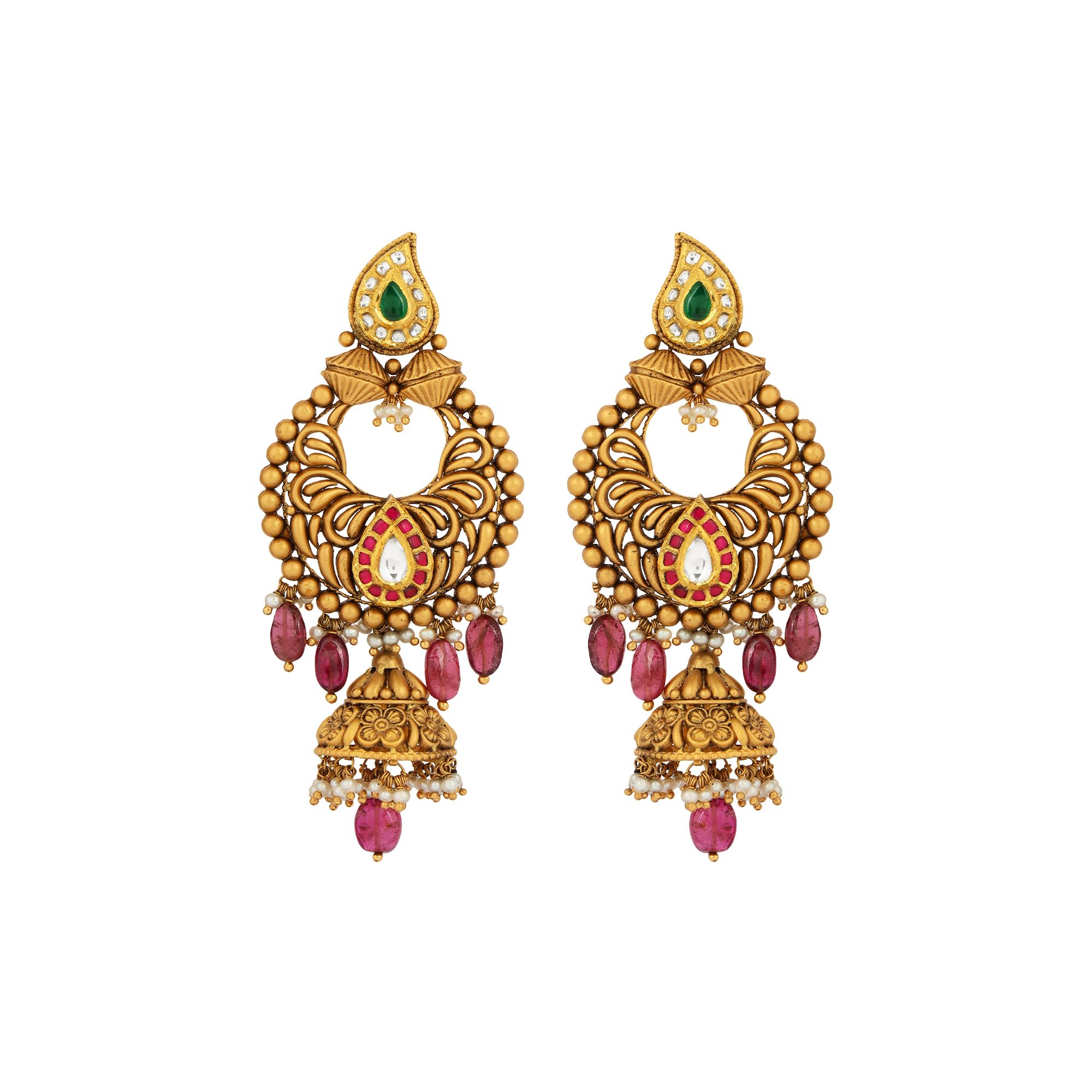 Earrings in 22kt Antique gold with kundan and Ruby.