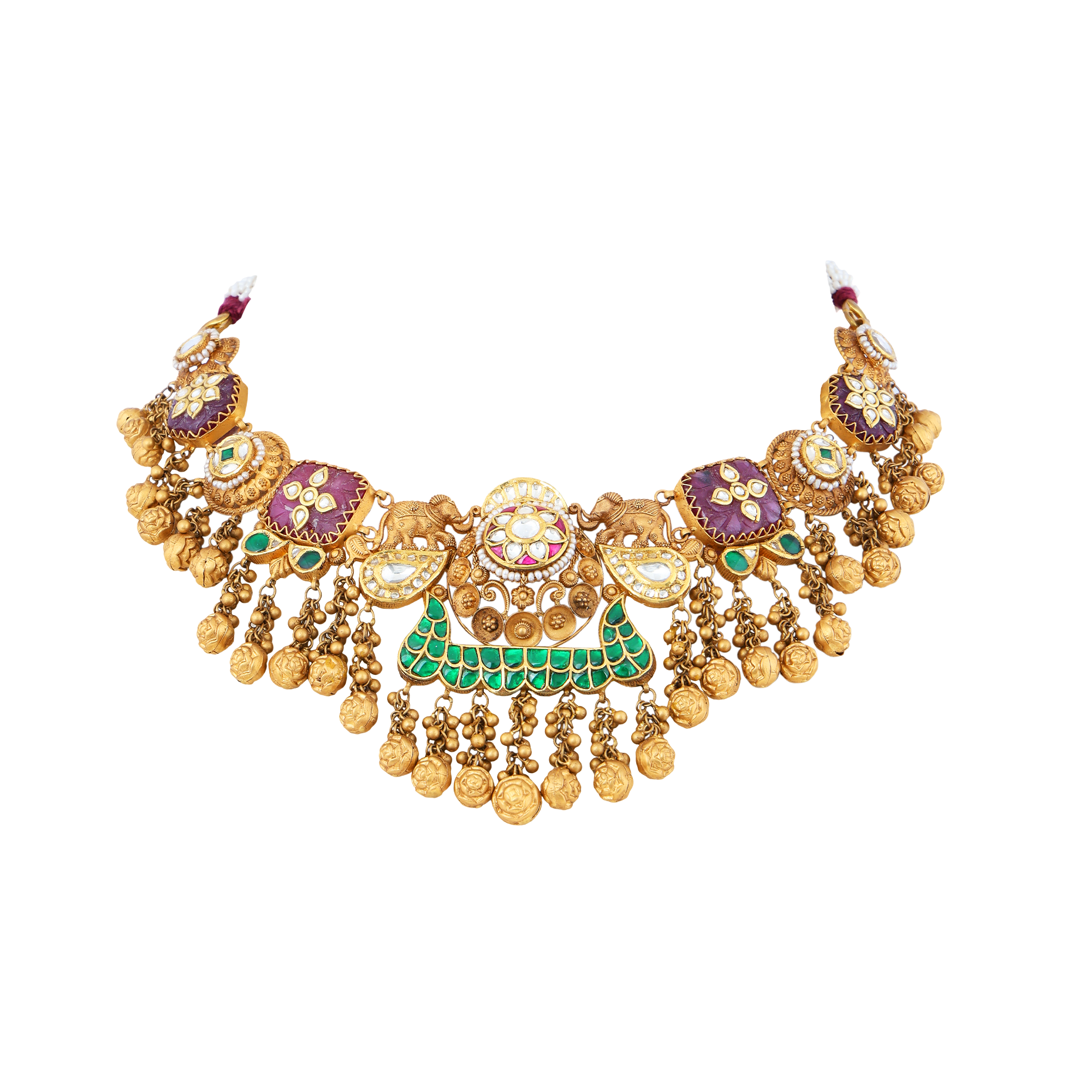 Necklace Set in 22kt Antique gold with kundan, ruby and emerald.