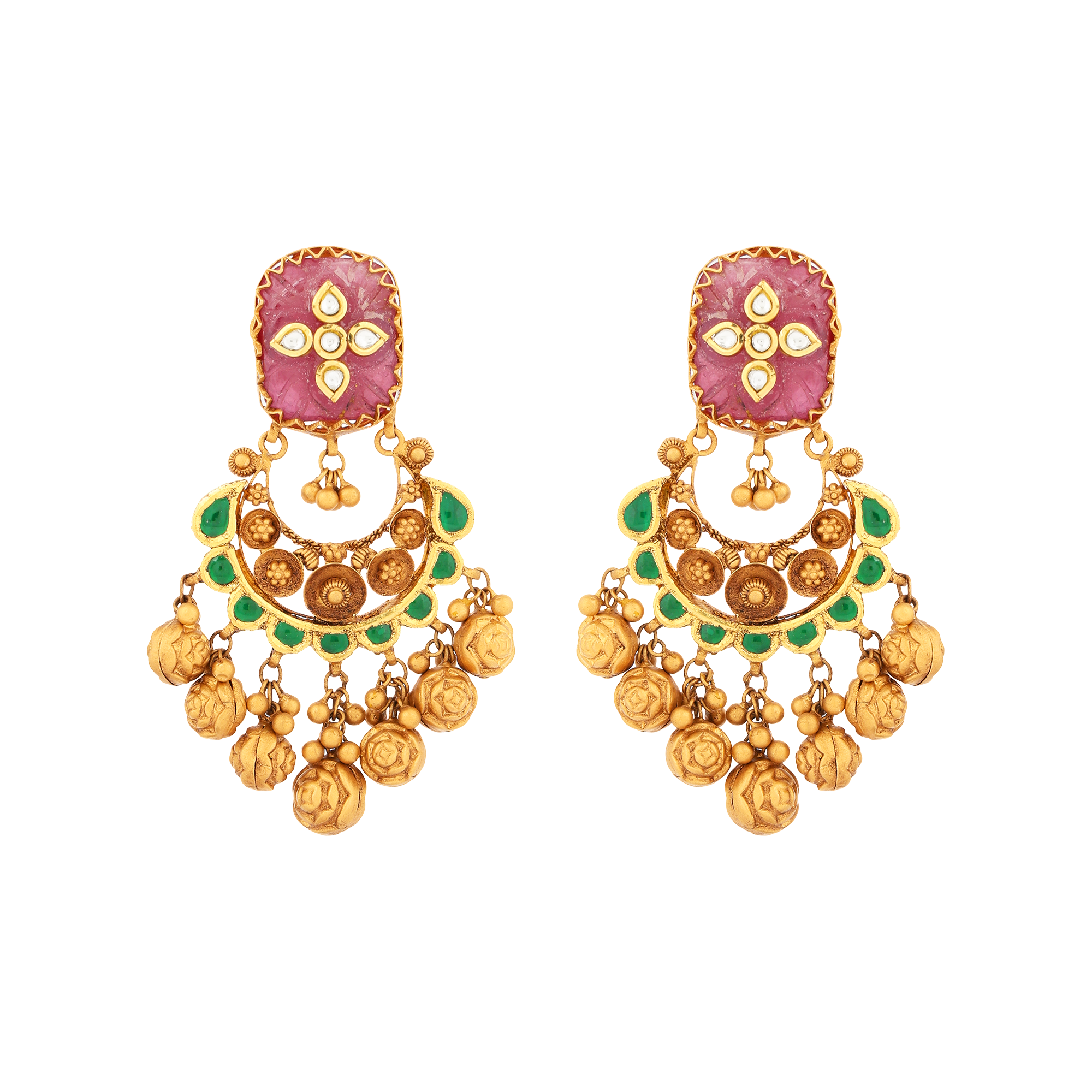 Earrings in 22kt Antique gold with kundan, ruby and emerald.