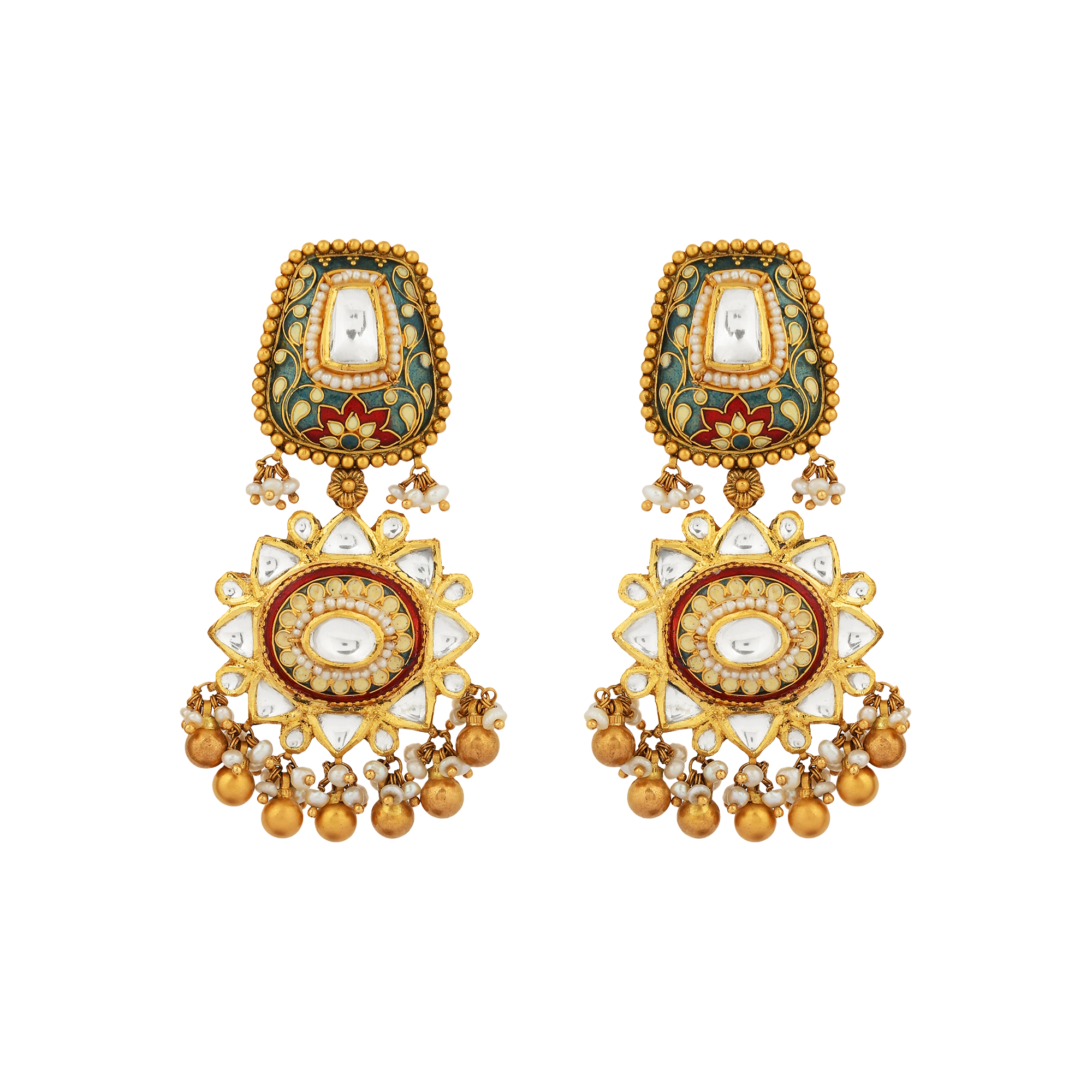 Earrings in 22kt Antique gold, guluband, Enamel with kundan.