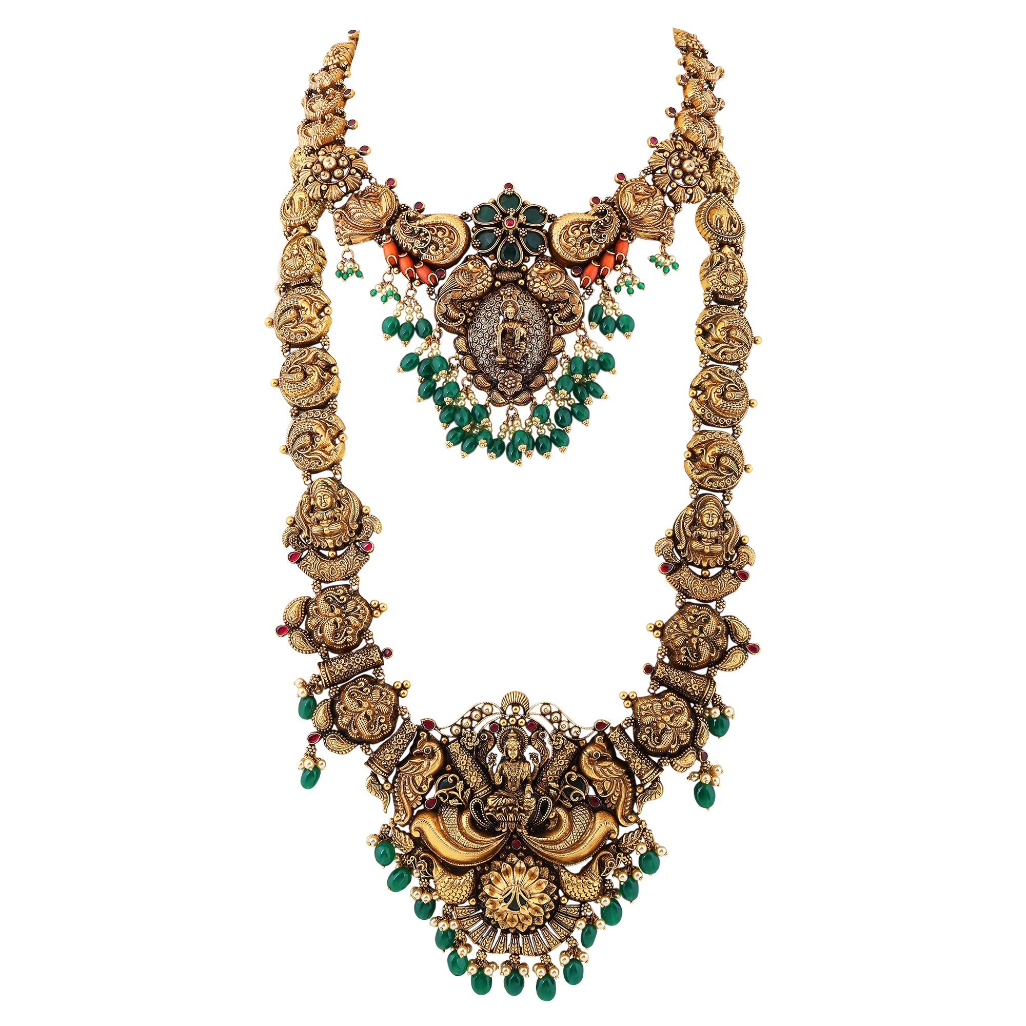 Necklace Set in 22kt temple Antique gold, with emerald and pearl.