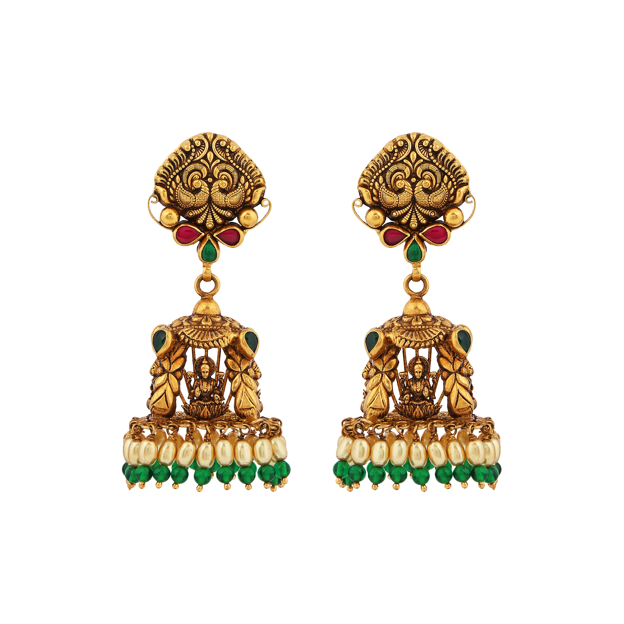 Earrings in 22kt temple Antique gold, with emerald and pearl.