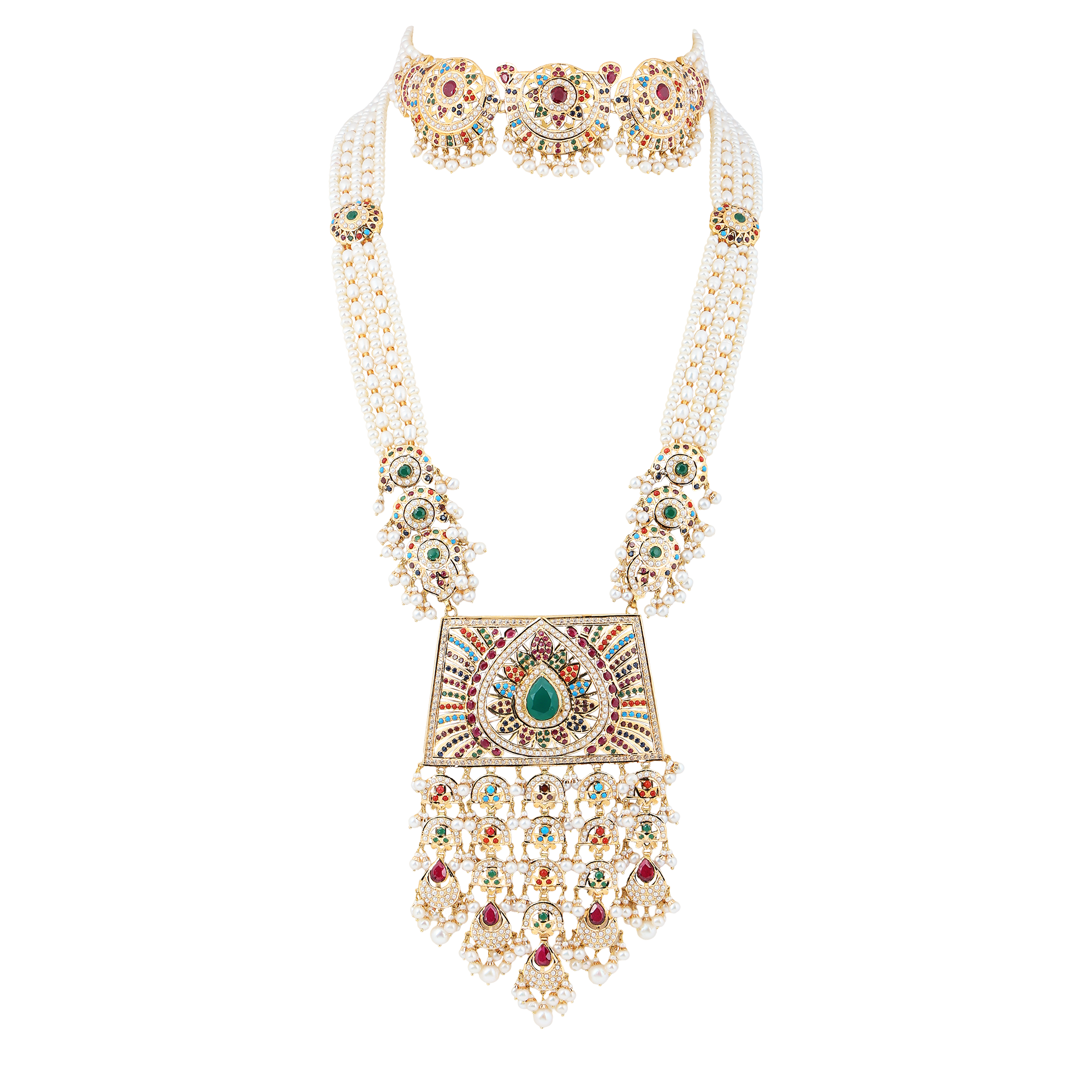 Necklace Set in 22kt jodhpuri jadau with emerald, ruby, coral and pearl.