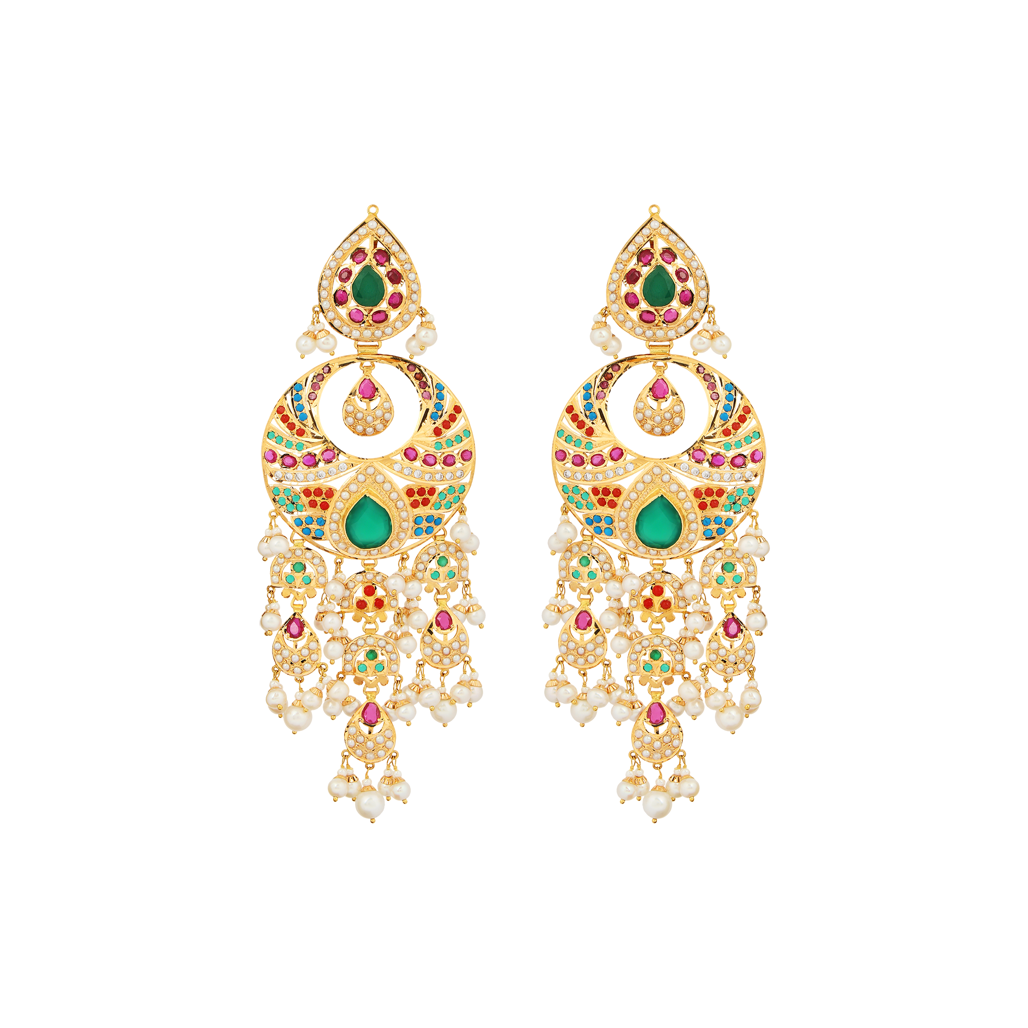 Earrings in 22kt jodhpuri jadau with emerald, ruby, coral and pearl.
