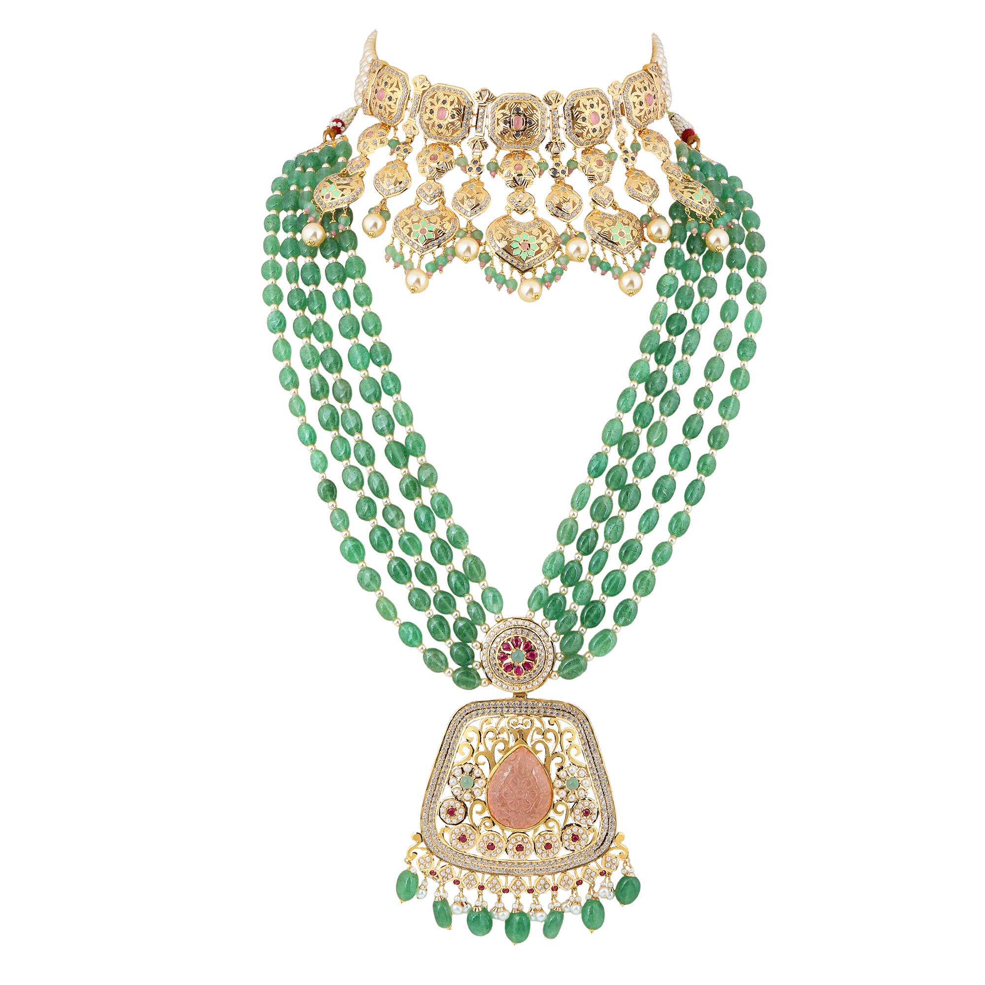 Necklace Set in 22kt jodhpuri jadau with emerald, ruby, coral and pearl.