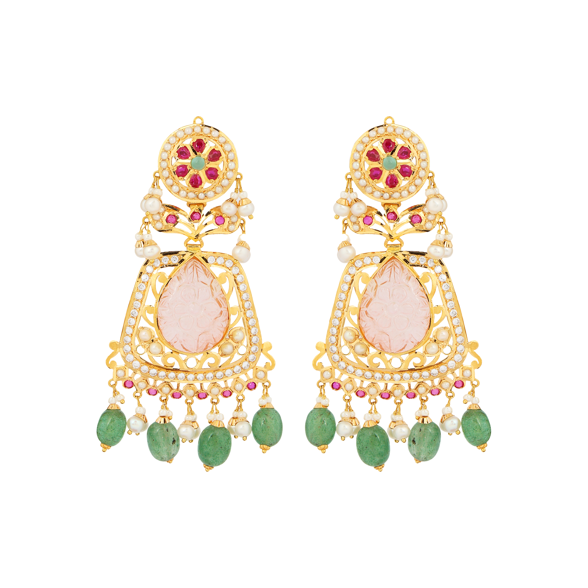 Earrings in 22kt jodhpuri jadau with emerald, ruby, coral and pearl.