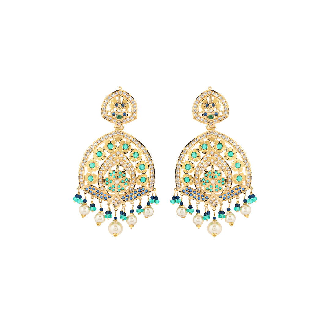 Earrings in 22kt jodhpuri jadau with emerald and pearl.