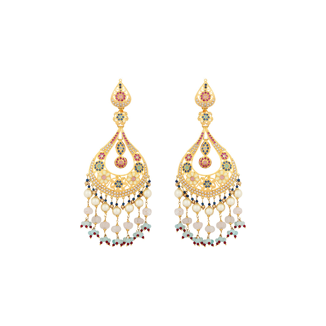 Earrings in 22kt jodhpuri jadau with emerald, ruby and pearl.