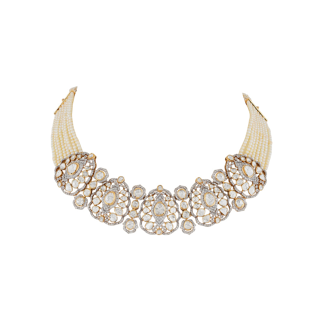 Necklace set in 14kt  yellow gold polki and brilliant round diamonds with pearl