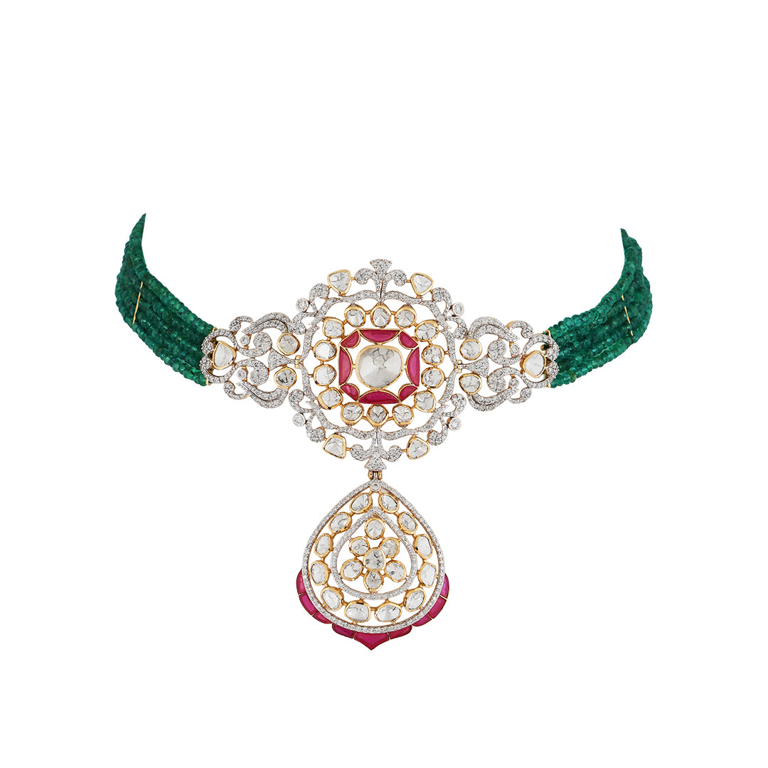 Necklace set in 14kt  yellow gold polki and brilliant round diamonds with precious emerald and semi precious ruby