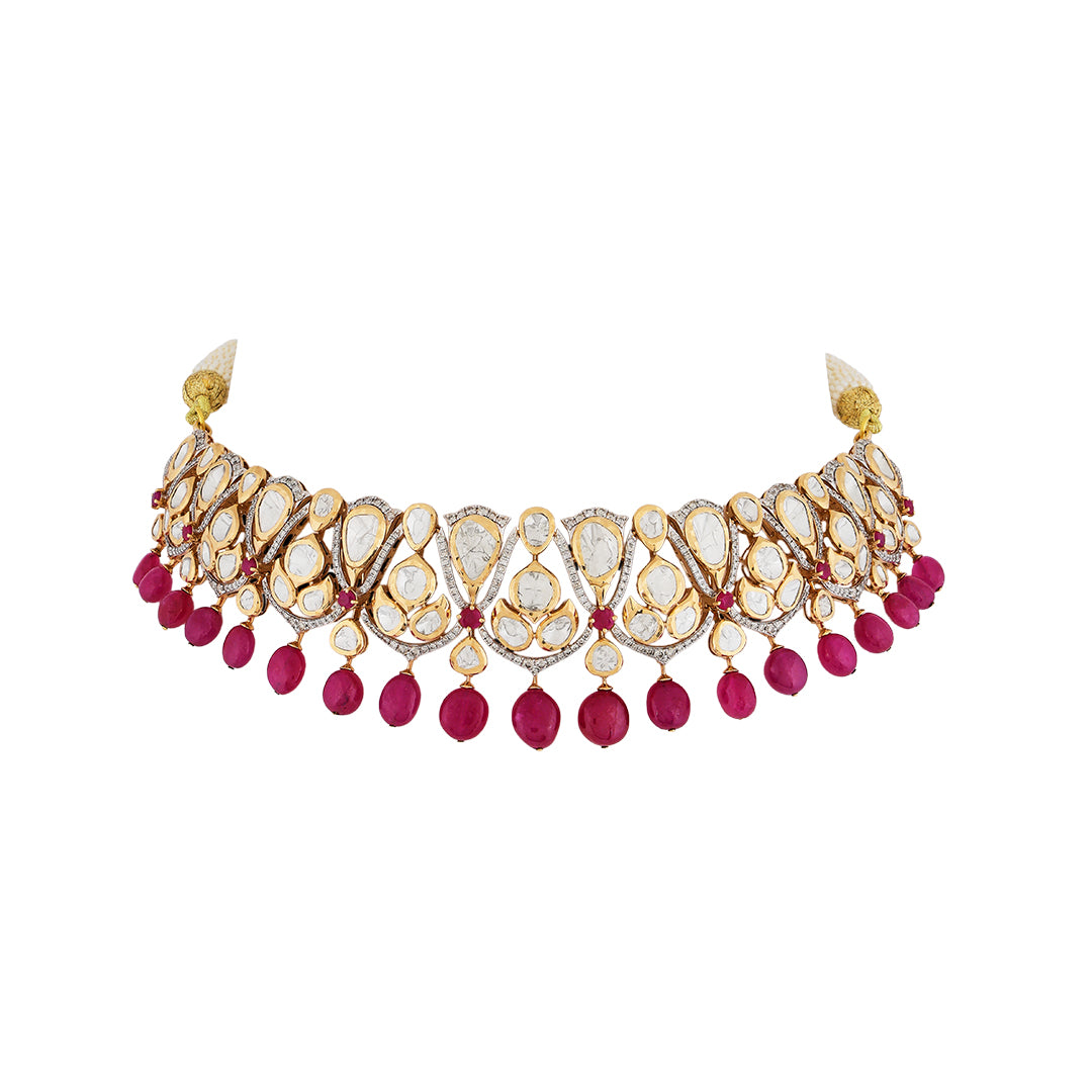 Necklace set in 14kt  yellow gold polki and brilliant round diamonds with precious ruby