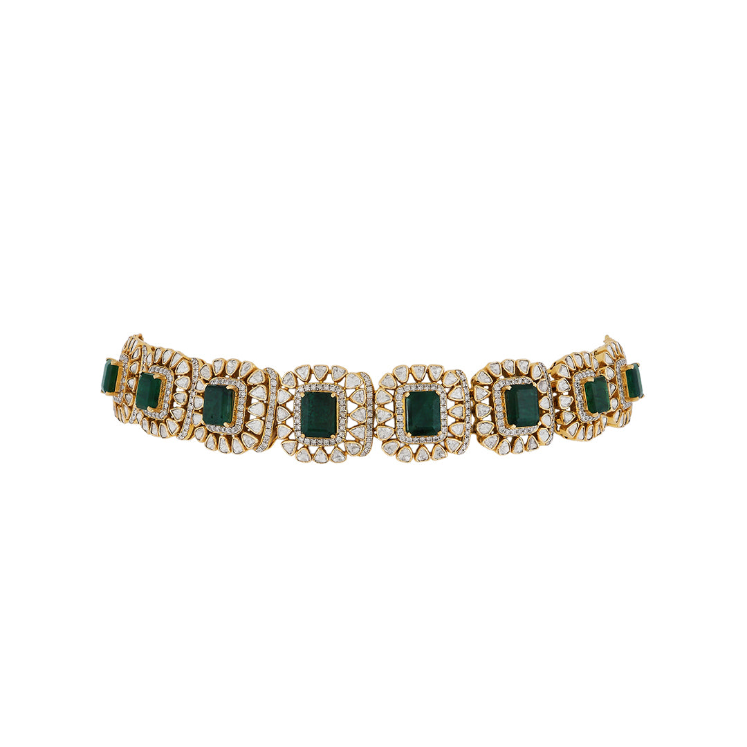 Necklace set in 14kt  yellow gold polki and brilliant round diamonds with precious emerald