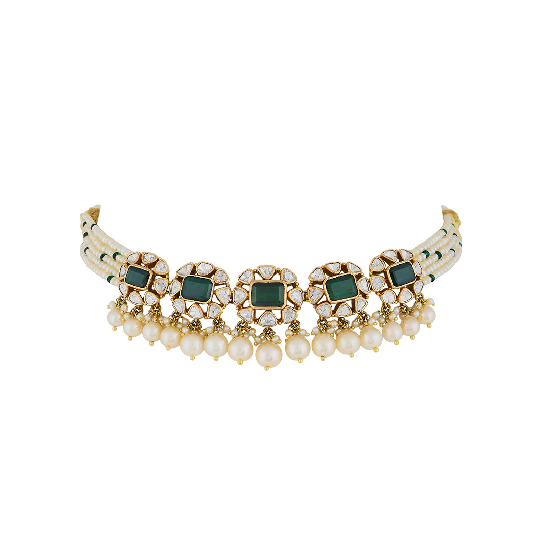 Necklace set in 14kt  yellow gold polki with precious emerald and pearls