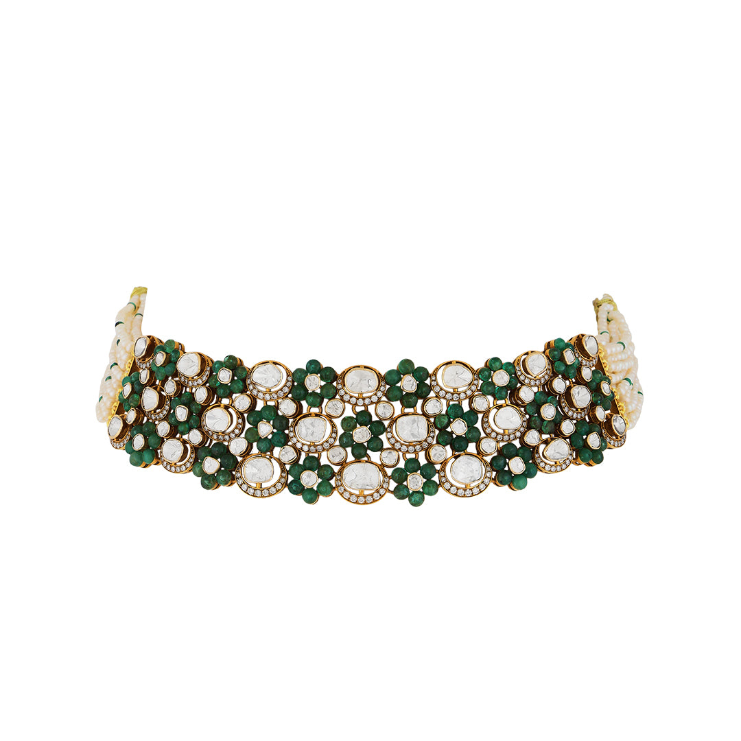 Necklace in 14kt  yellow gold polki and brilliant round diamonds with precious emerald and pearls