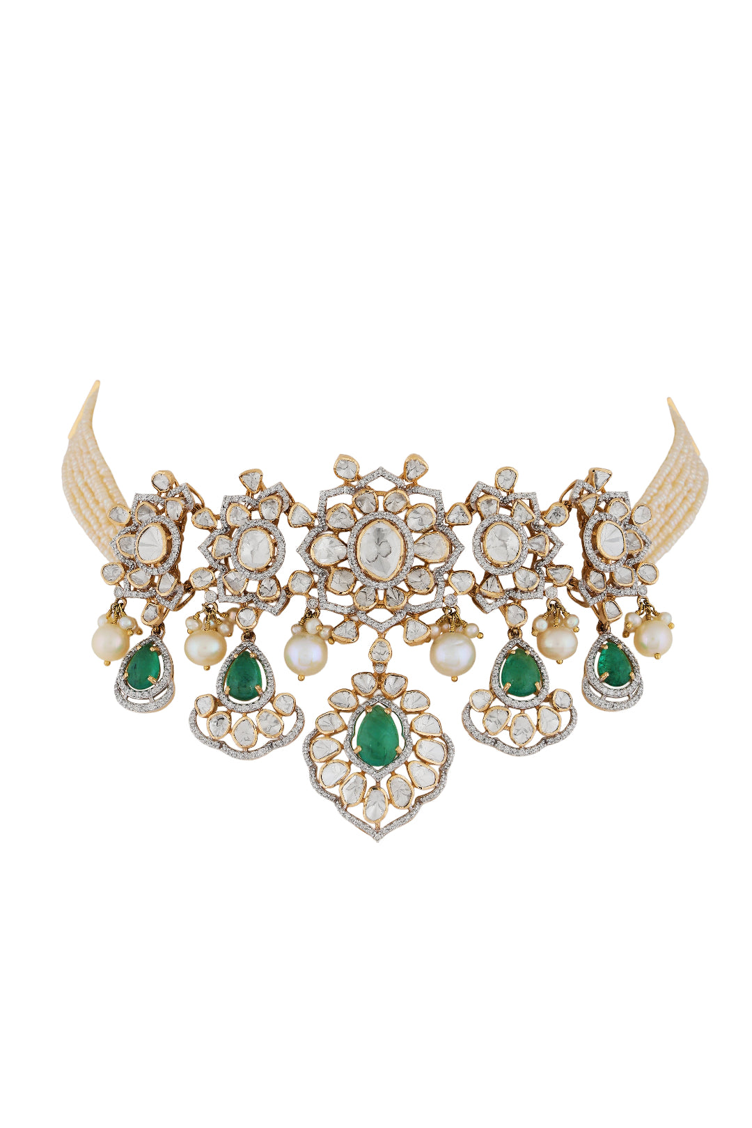 Necklace set with Earrings in 14kt  yellow gold polki and brilliant round diamonds with precious emerald and pearls
