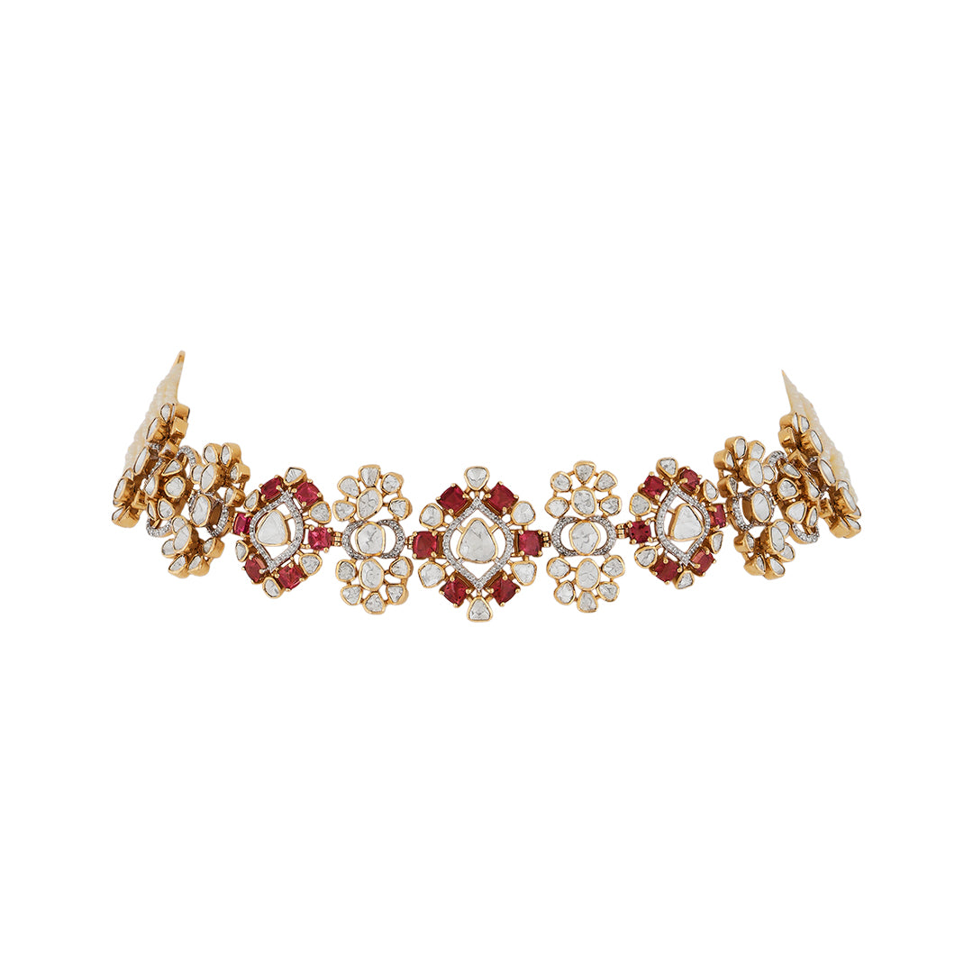 Necklace set in 14kt  yellow gold polki and brilliant round diamonds with tourmaline and pearls