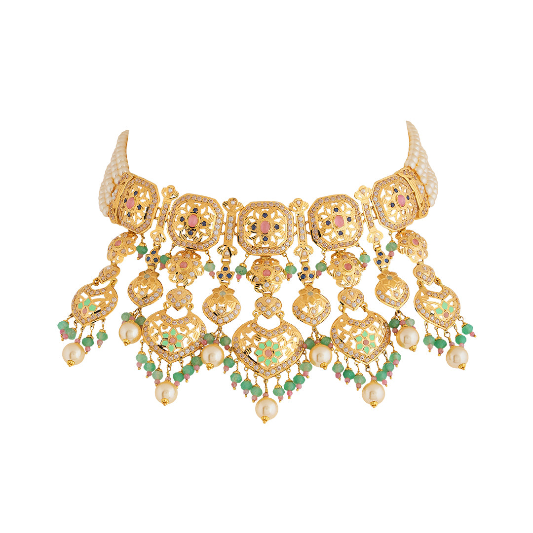 Necklace set in 22kt jodhpuri jadau with emerald and pearl with enamel.