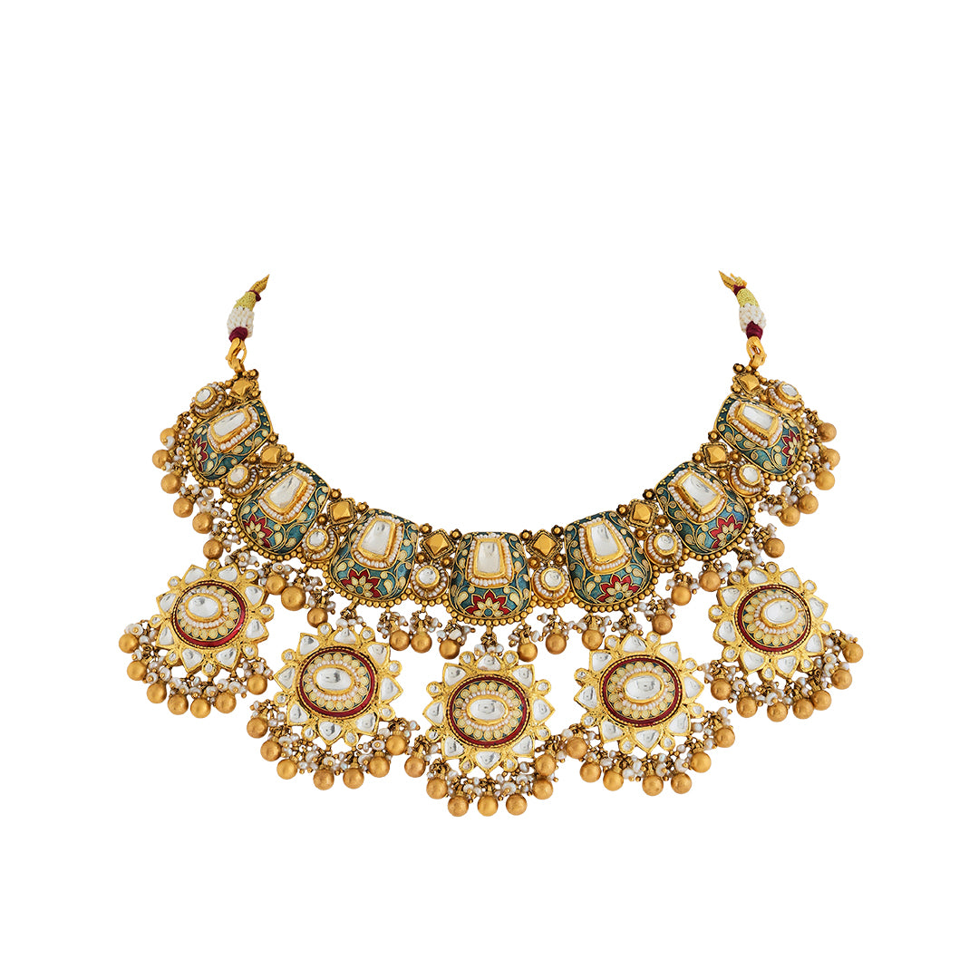 Necklace set in 22kt Antique gold, with enamel and kundan touch.