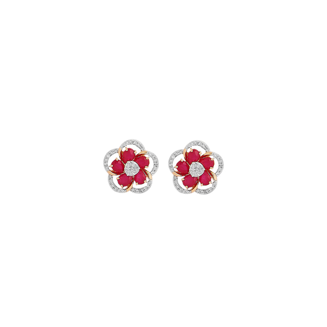 Earrings in 18 KT rose gold with with brilliant round diamonds and semi precious ruby