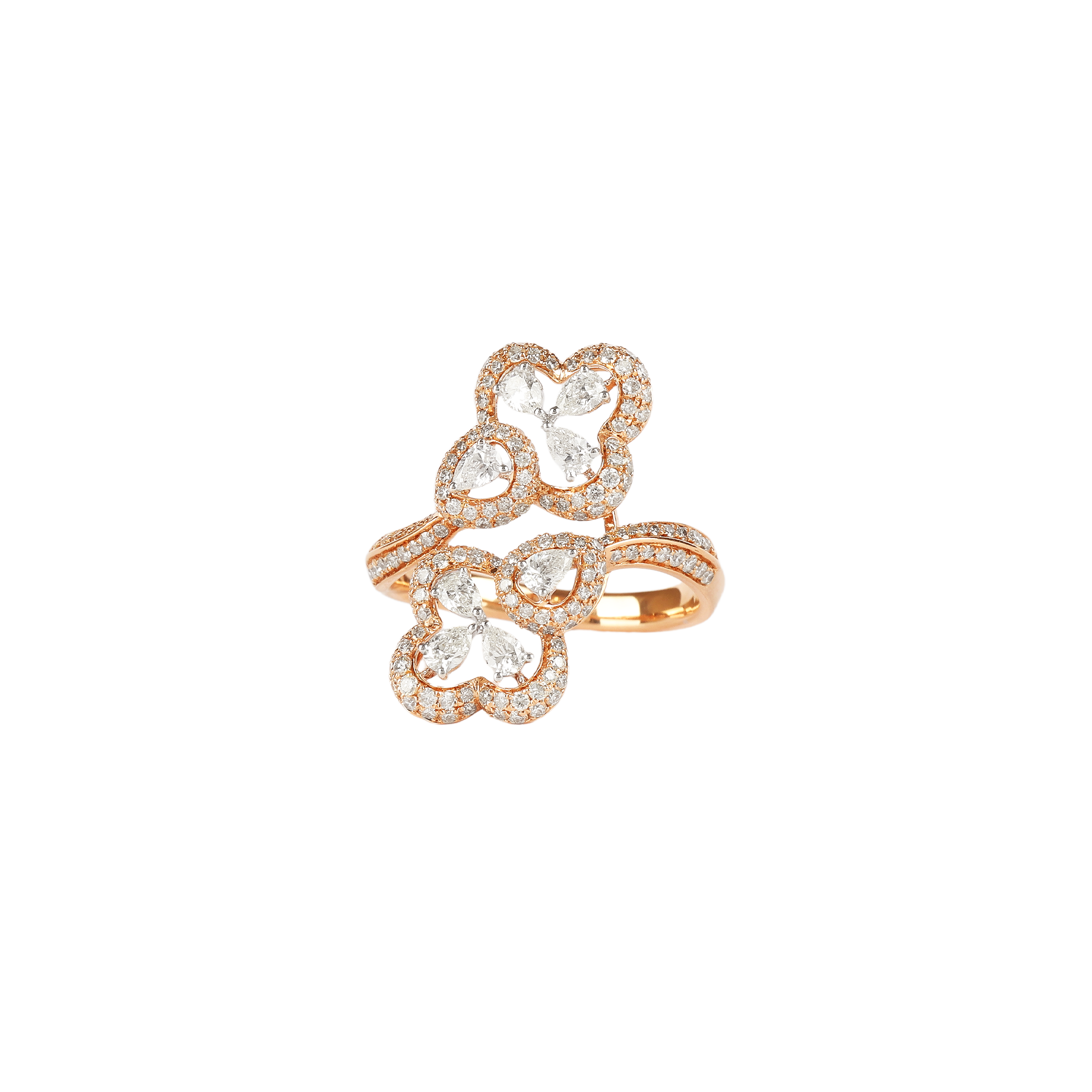 Ring in 18kt rose gold with brilliant round and pear cut diamonds.