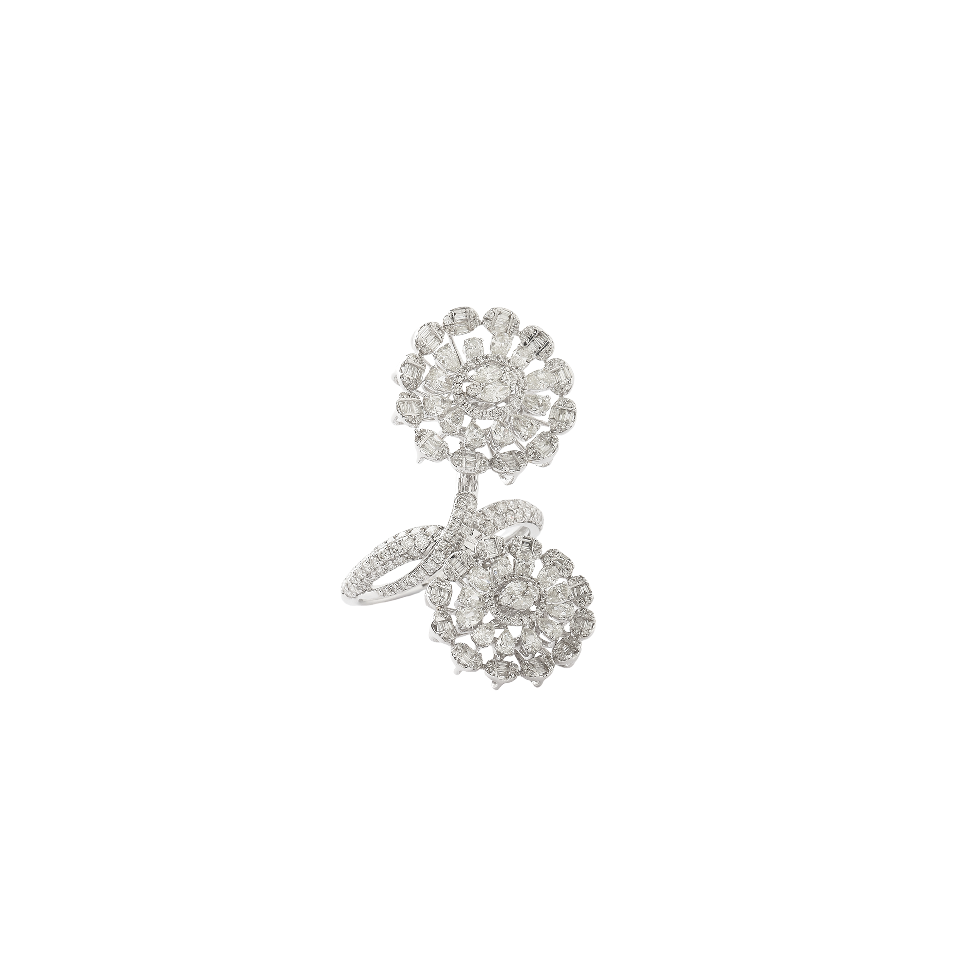 Ring in 18kt white gold with brilliant round cut, baguettes, pear & marquise shaped diamonds.