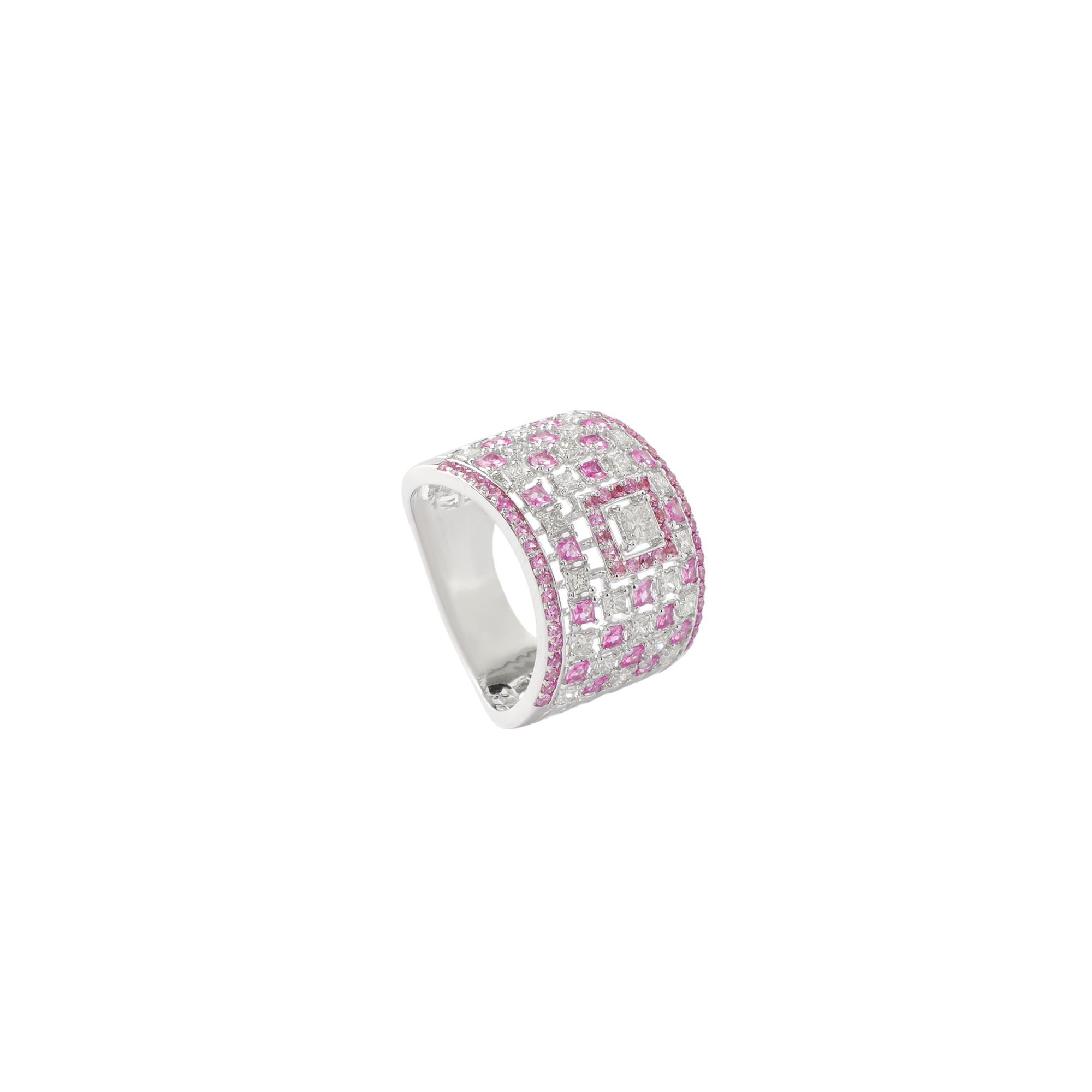 Ring in 18kt rose gold with Princess cut diamonds with a precious ruby.