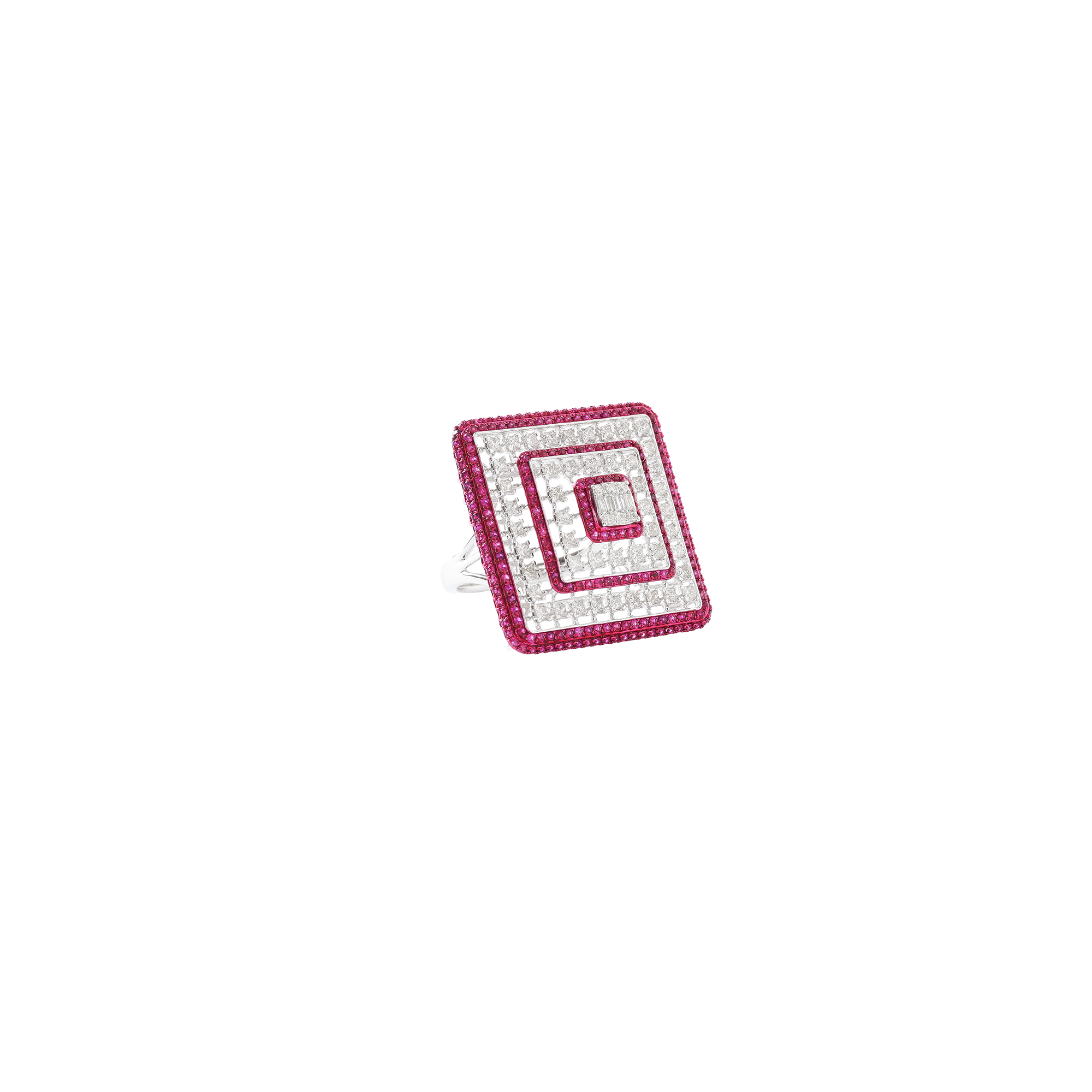 Ring in 18kt white gold with brilliant round cut diamonds, baguettes, and princess cut diamonds, with semi precious ruby.